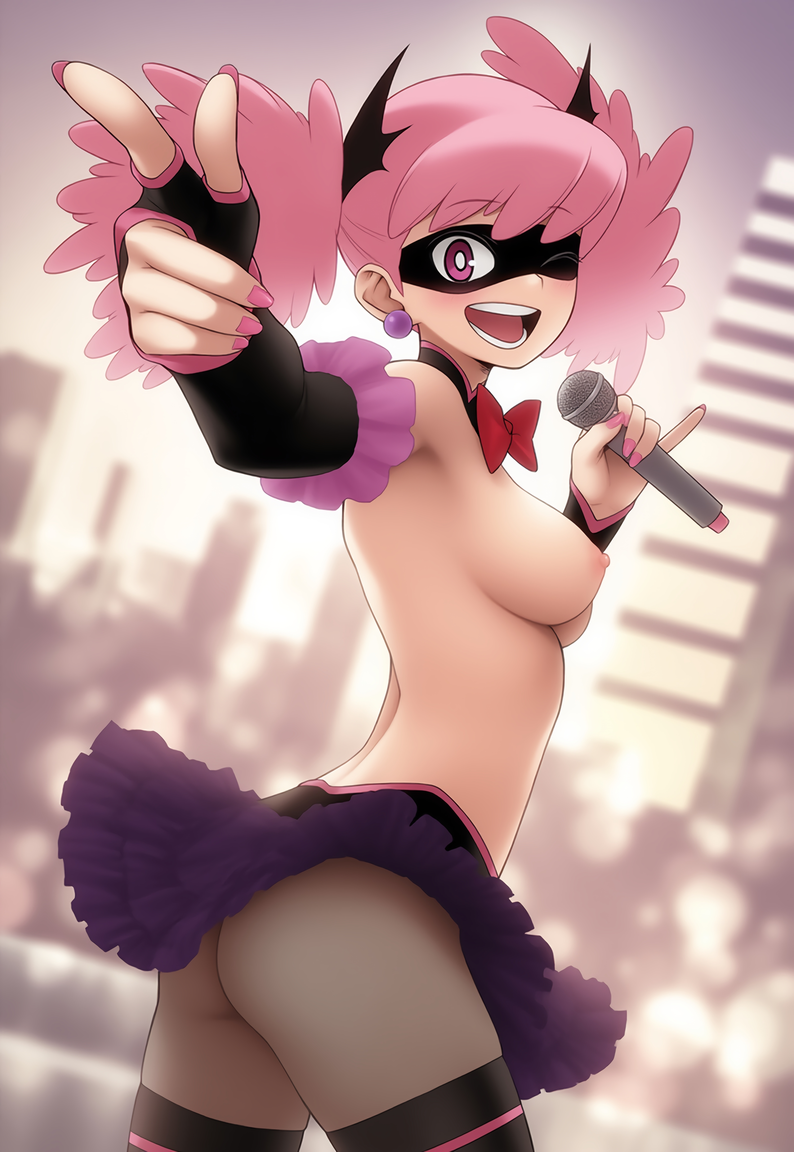 1girls, ai assisted, ai generated, boku no hero academia, female, female only, haneyama kazuho, hero outfit, i luv bewbies, light skin, light-skinned female, looking back, mask, my hero academia, pale skin, pale-skinned female, pink hair, pop step, thick thighs, thighs, topless, twintails, vigilante: my hero academia illegals, wide hips, wide thighs, wink
