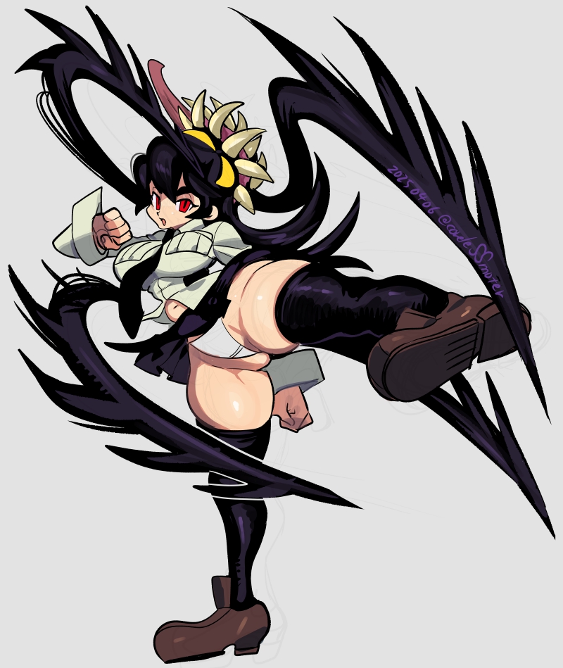 1girls, belly, big breasts, black hair, breasts, corelessmoter, curvy, female, filia (skullgirls), panties, red eyes, school uniform, skirt, skullgirls, solo female, spread legs, thick thighs, underwear