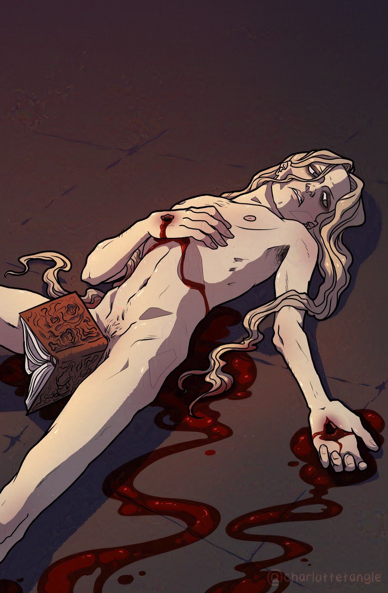 1boy, 2024, bleeding, blonde hair, blonde male, blood on floor, book, boys only, charlottetangle, colored, covered penis, enki (fear and hunger), enki ankarian, eyebags, fear and hunger, gore, grimoire, guro, hands bleeding, holes in hands, laying in blood, light skin, light-skinned male, long hair, male, male only, male ryona, malnourished, nipples, no visible genitalia, pale skin, pale-skinned male, penis, pink nipples, pubic hair, skinny, stained hair, stigmata, weak male
