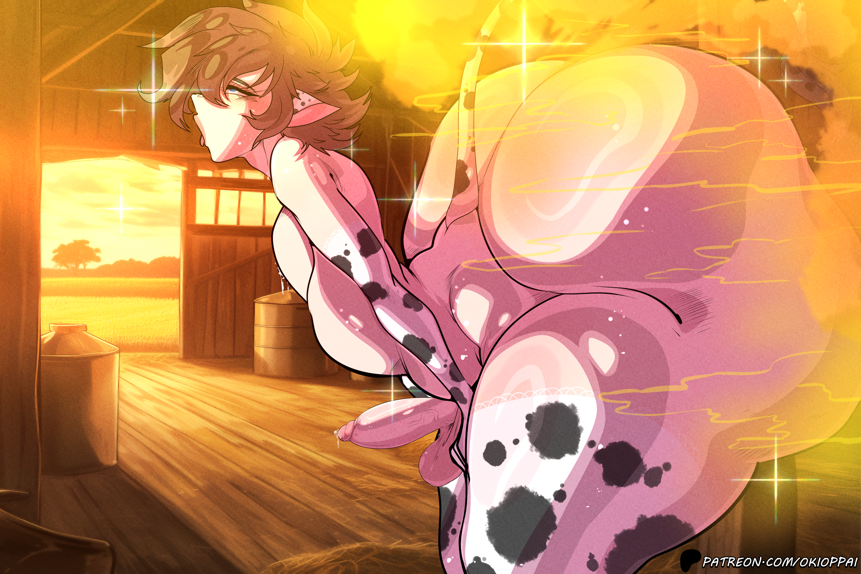 1boy, ass, barn, bent over, blue eyes, cow ears, cow print, cow tail, fart, fart cloud, farting, farts, femboy, femboy focus, femboy only, gassy, gassy male, hands on knees, male, male fart, okifetish, penis, short hair, small penis, small waist, smelly, smelly ass, stink fumes, stinky, stinky ass, stinky fart, thick ass, thick hips, thick lips, thick thighs, tongue, tongue out