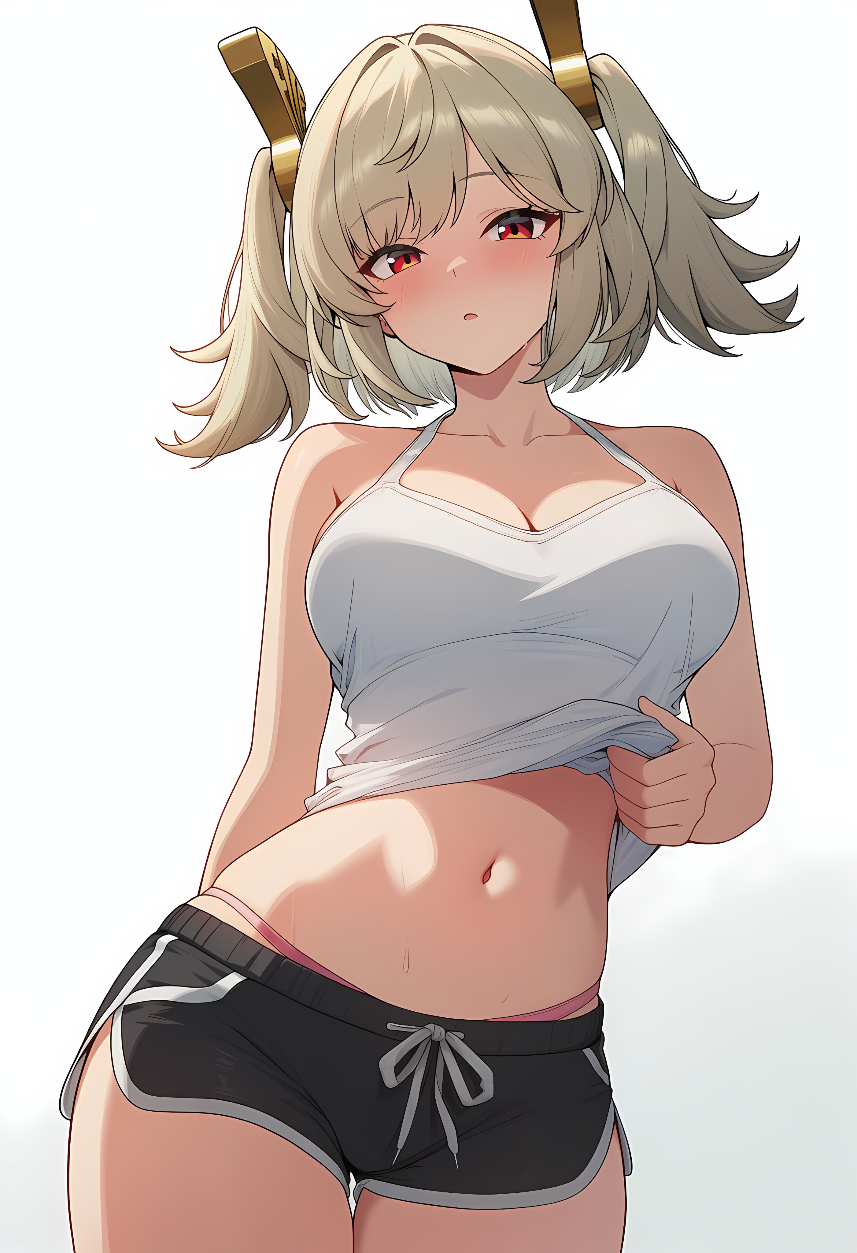 1girls, ai generated, belly, blonde, blonde female, blonde hair, blonde hair female, blonde-haired female, burnice white, dolphin shorts, female, female only, huge breasts, large breasts, light-skinned female, looking at viewer, panty straps, pigtails, pink panties, red eyes, red eyes female, red-eyed female, shorts, sole female, thick thighs, twintails, white shirt, zenless zone zero
