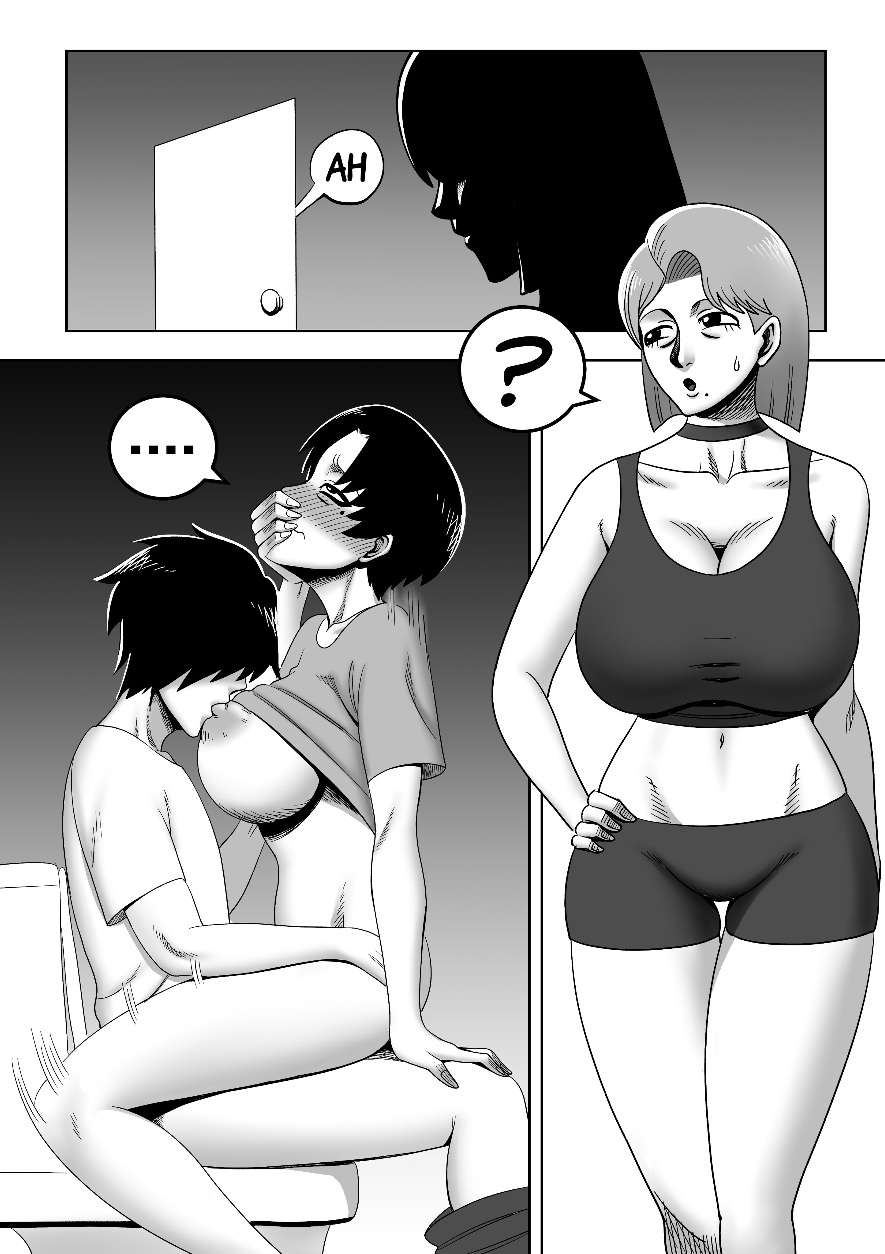 1boy, 1boy1girl, 1girls, 2d, 2girls, ah, alamama, almost caught, aoy (alamama), areola, areolae, bathroom, big breasts, black and white, blush, blush lines, bouncing on penis, breasts, breasts out, choker, cleavage, covering mouth, dialogue, embarrassed, english text, eyes rolling back, feet out of frame, female, female penetrated, grandmother, greyscale, implied penetration, large breasts, legs, male, male penetrating, male penetrating female, male/female, mother, mother and son, nipples, on toilet, orn (alamama), penis, reverse cowgirl position, shirt up, sideboob, son, sports bra, sportswear, sucking nipples, thighs