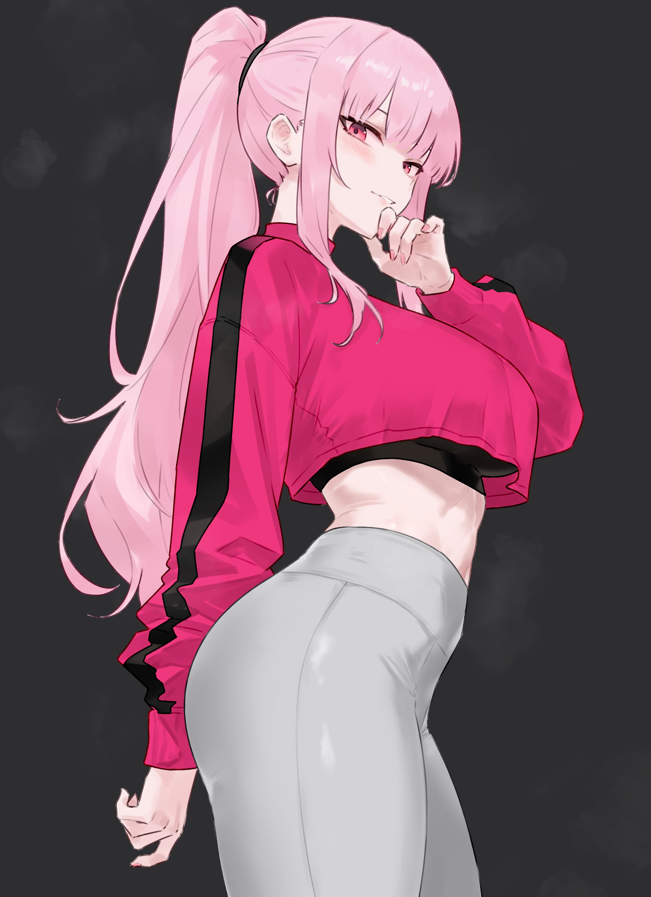 ass, big ass, big breasts, bluefield, breasts, female, grin, hand on head, hi res, hololive, hololive english, hololive myth, jacket, large breasts, leggings, long hair, looking at viewer, midriff, mori calliope, pink eyes, pink hair, pink nails, ponytail, sports bra, sportswear, thick ass, thick thighs, tight clothing, tights, very long hair, virtual youtuber, yoga pants