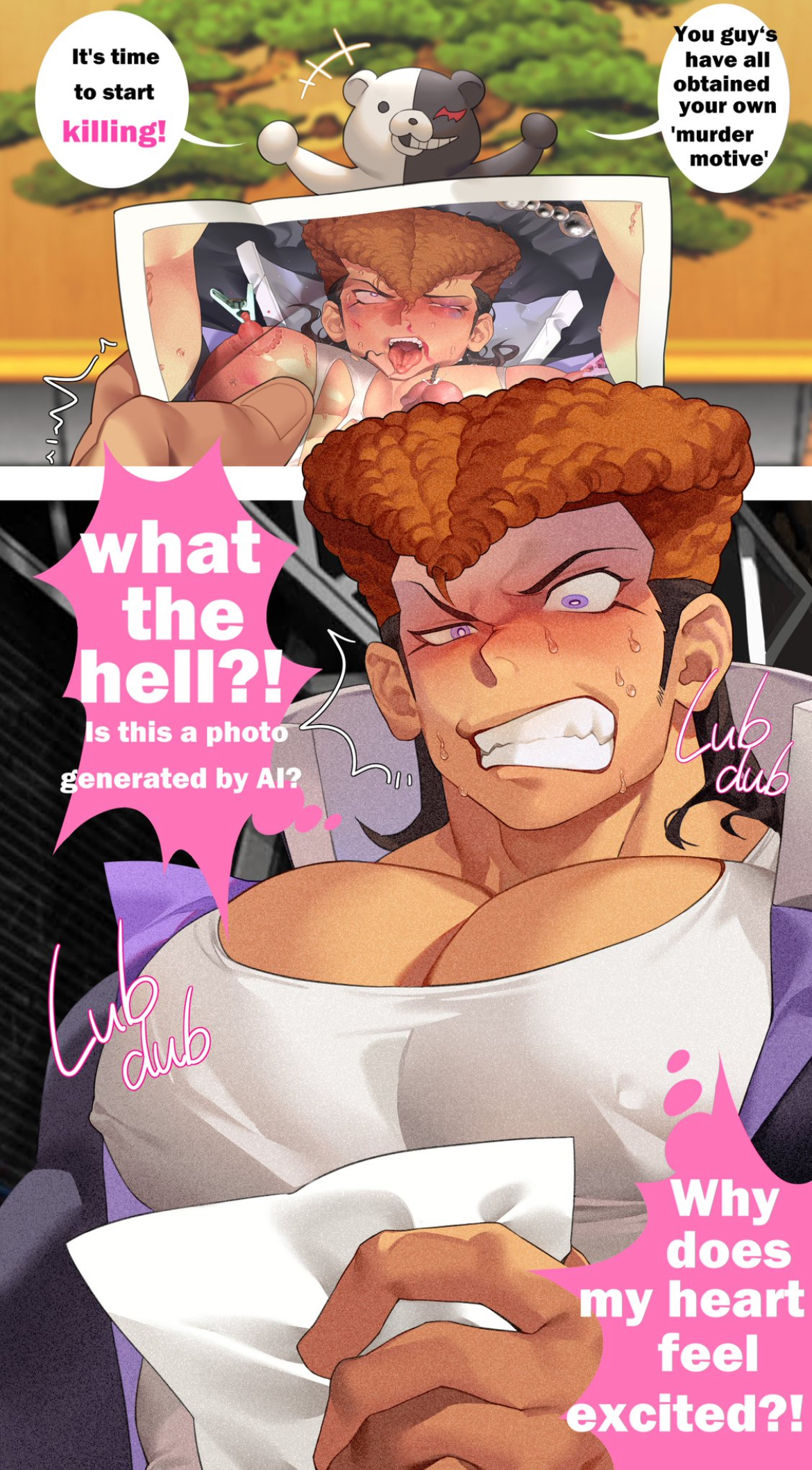 angry, angry face, big pecs, black eye (injury), black eyes, blackmail, blush, comic, danganronpa, danganronpa: trigger happy havoc, dialogue, drfav, etap, exposed, exposure, male, male only, mondo oowada, muscular, muscular male, pecs, pecs focus, pectoral bulge, pectorals, photo, reverse ryona, tongue, tongue out