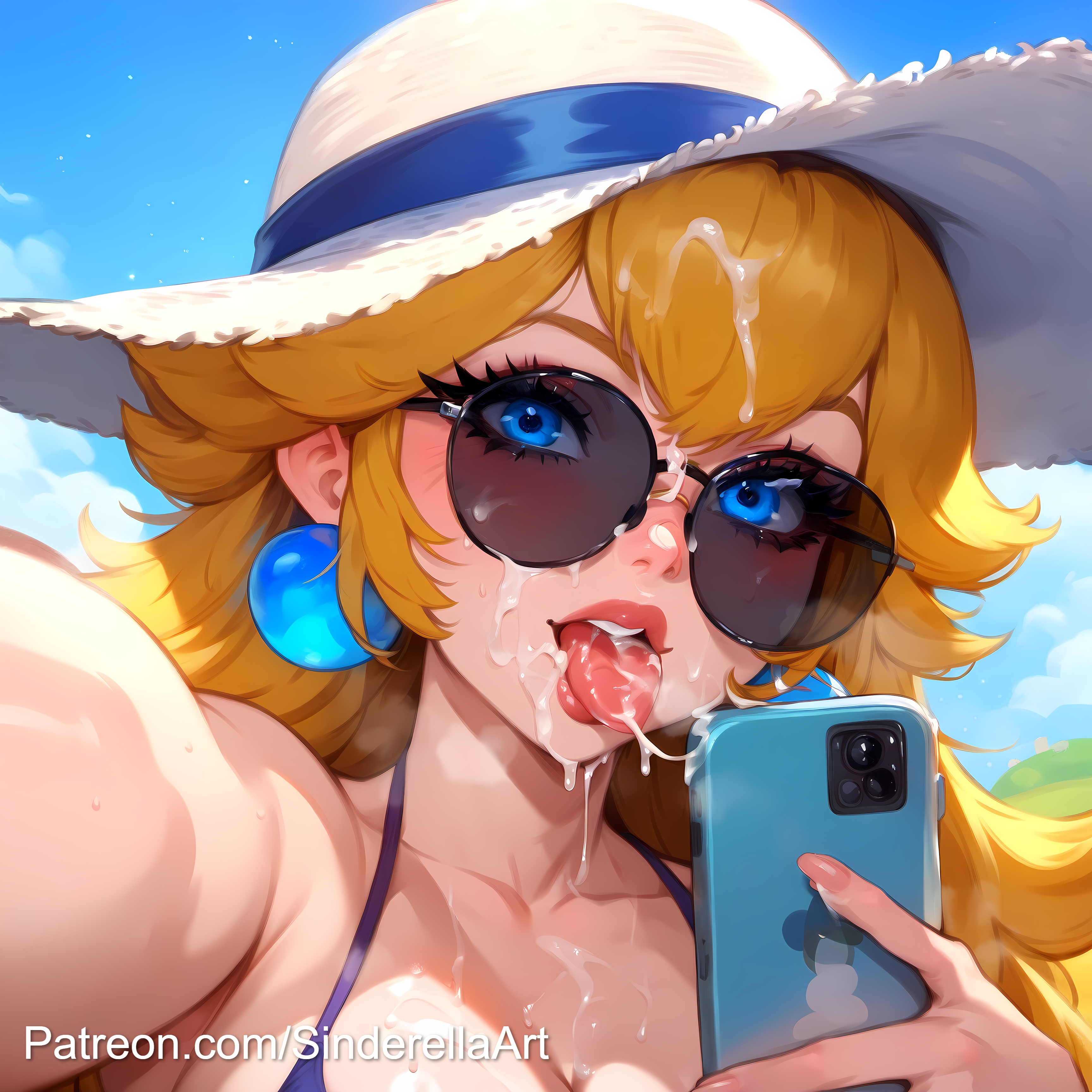 ai generated, breasts, busty, commission, cum, facial, female, large breasts, mario (series), milf, patreon, patreon url, patreon username, princess peach, sinderellaart, thick, voluptuous