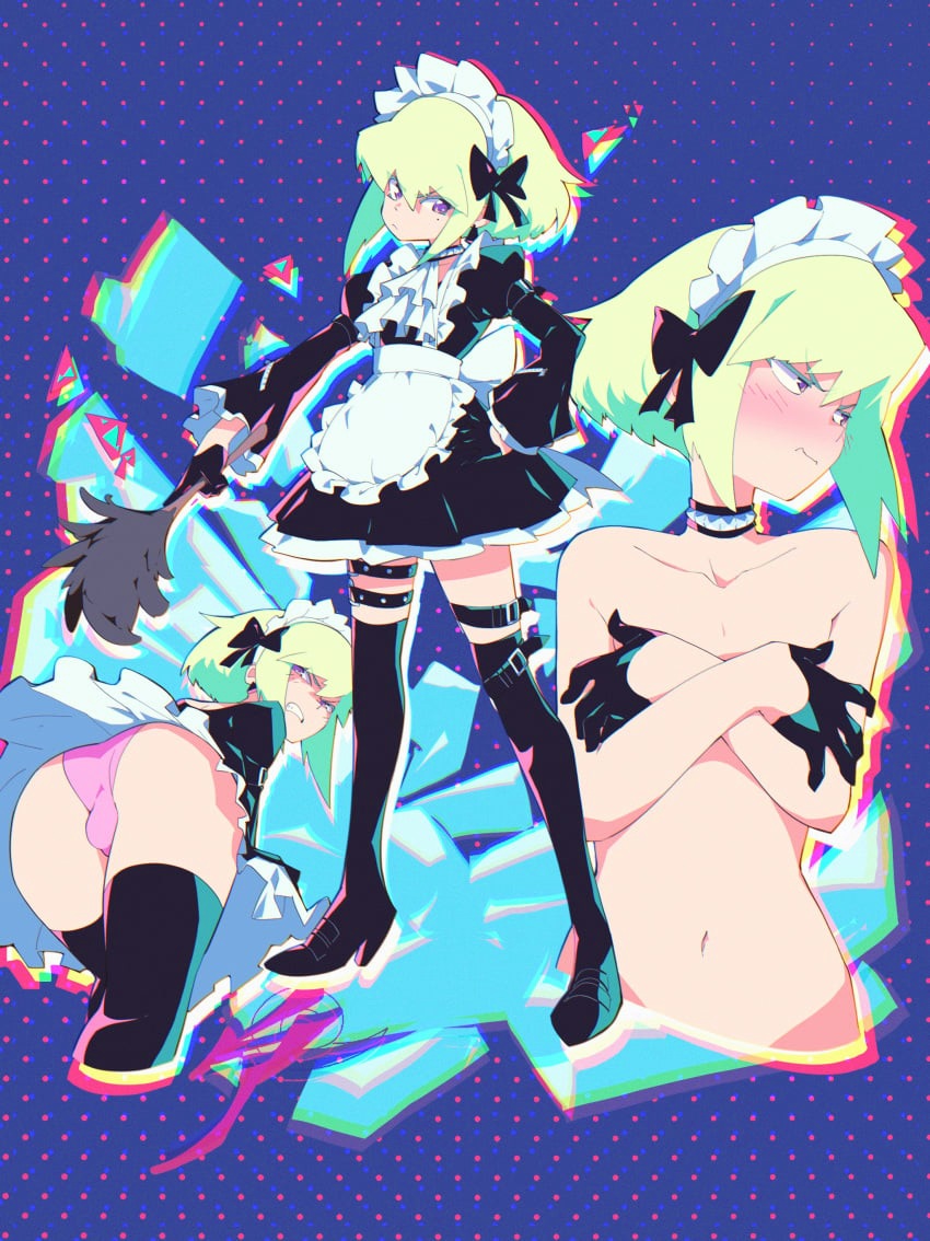 aetherion art, androgynous, bob cut, bulge, covered nipples, covering, embarrassed, femboy, lio fotia, maid, male, promare, short hair, twink