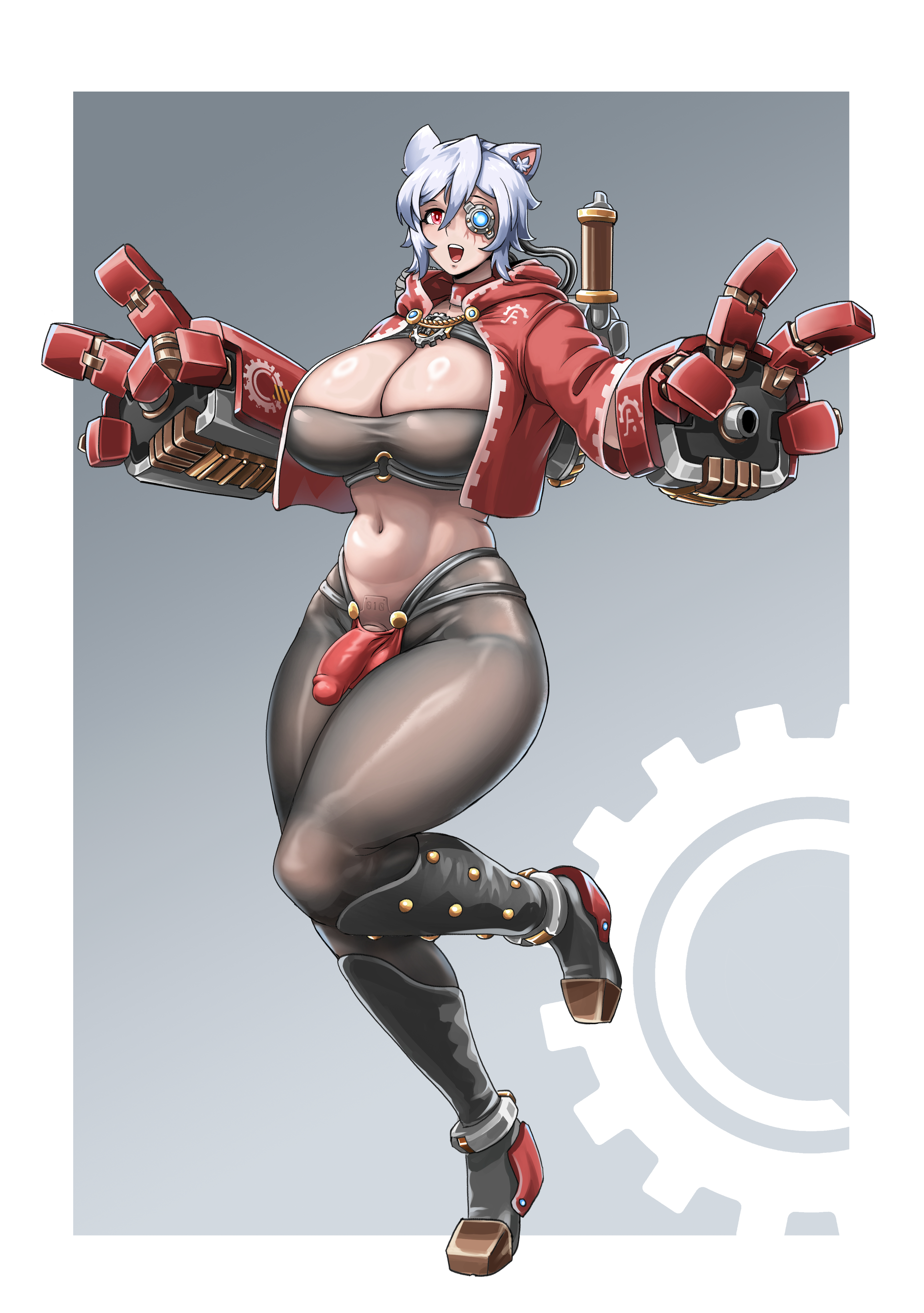 1futa, 4 fingers, adeptus mechanicus, black bra, black leggings, bra, breasts, cat ears, cat girl, catgirl, choker, cleavage, cyborg, eyepatch, felinid, flaccid, flaccid penis, full body, futanari, huge breasts, imperium of man, intersex, large breasts, leggings, mechanical arms, mechanical eye, multi-strapped panties, open jacket, panties, penis, penis bulge, prosthetic arm, pubic tattoo, red choker, red jacket, red panties, running, solo, strapless bra, tattoo, thick thighs, variant set, warhammer (franchise), warhammer 40k, white hair, xiao taiyang t2333