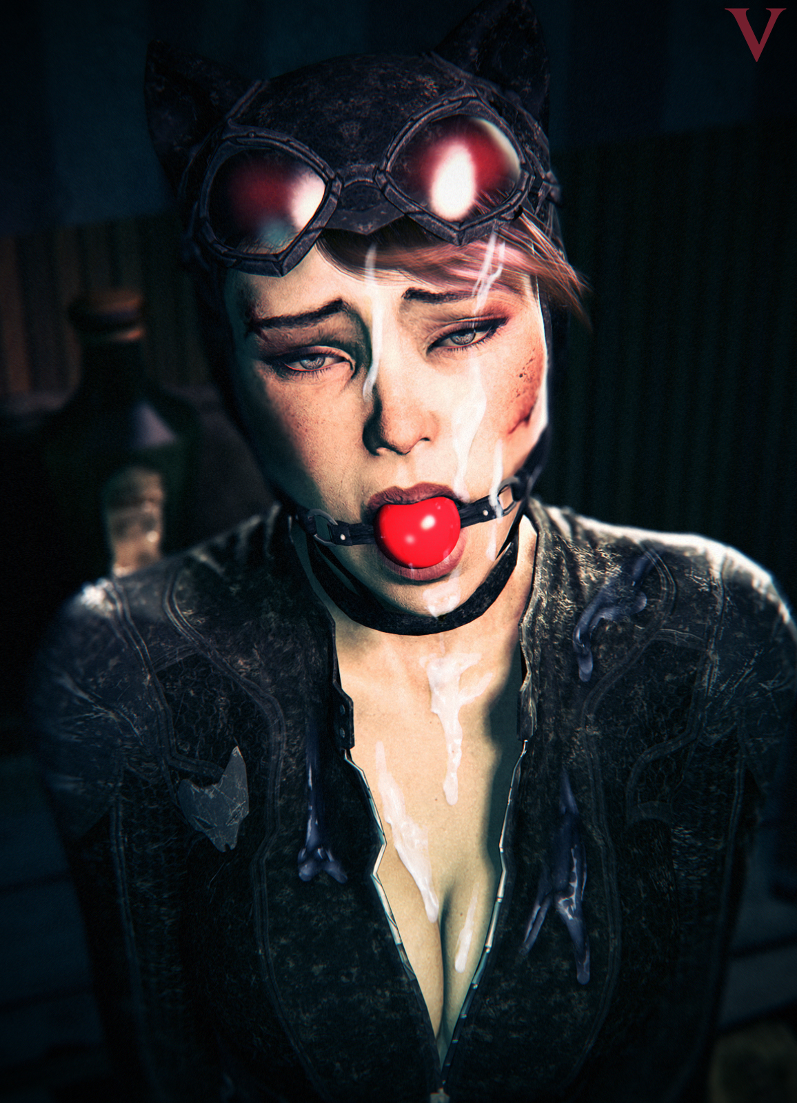 3d, ball gag, batman (series), batman: arkham knight, blue eyes, bodysuit, breasts, brown hair, catwoman, catwoman (arkham knight), catwoman (arkham), cleavage, cum, cum on breasts, cum on clothes, dc, dc comics, facial, female, gag, gagged, goggles, mouth gag, selina kyle, source filmmaker, unzipped, vaurra