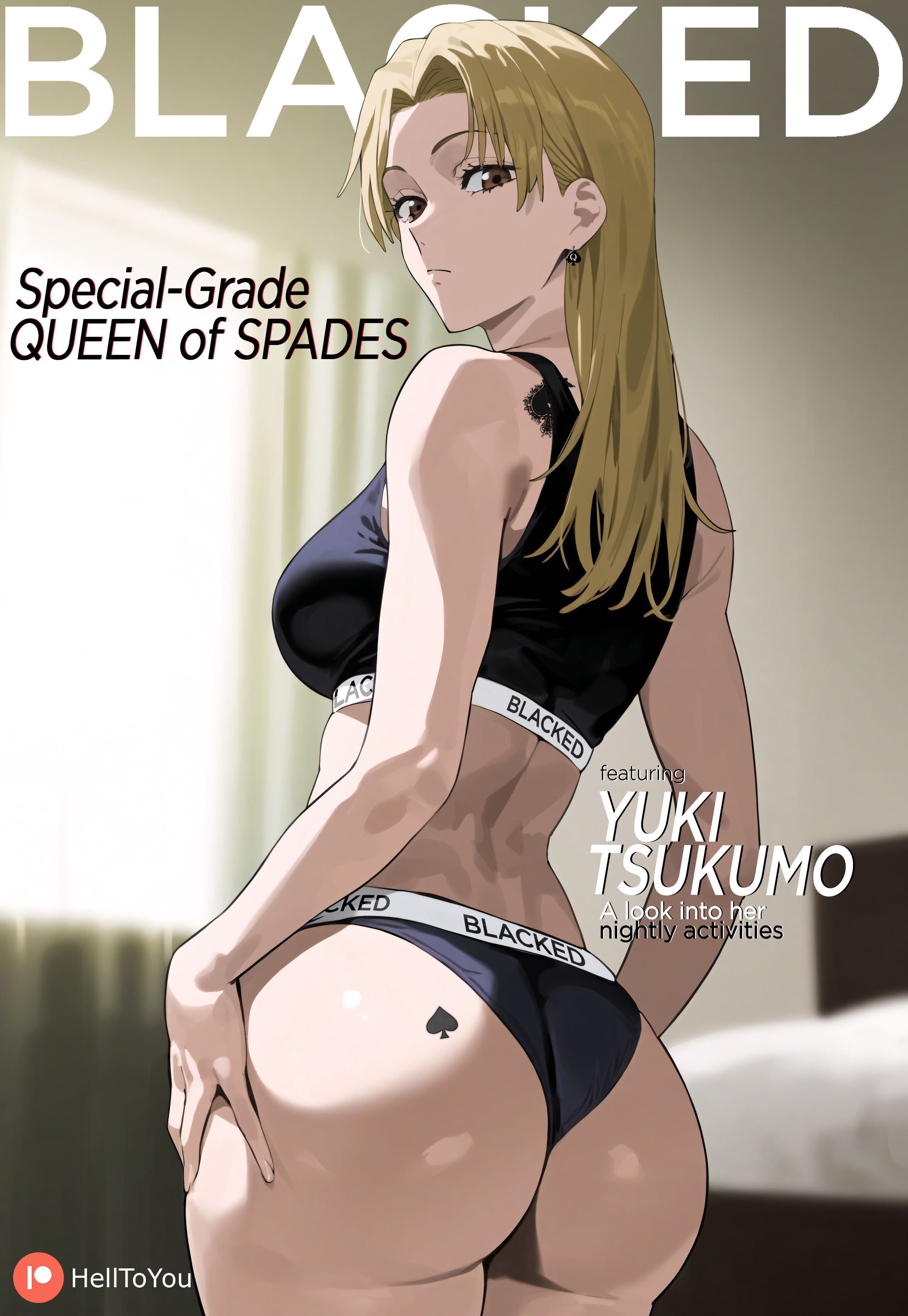 1girls, ai generated, ass, big ass, black bra, black panties, blacked, blacked clothing, blonde female, blonde hair, bra, brown eyes, english text, female, female only, interracial, jujutsu kaisen, looking back, magazine cover, panties, qos tattoo, queen of spades, snowbunny, solo, tagme, yuki tsukumo