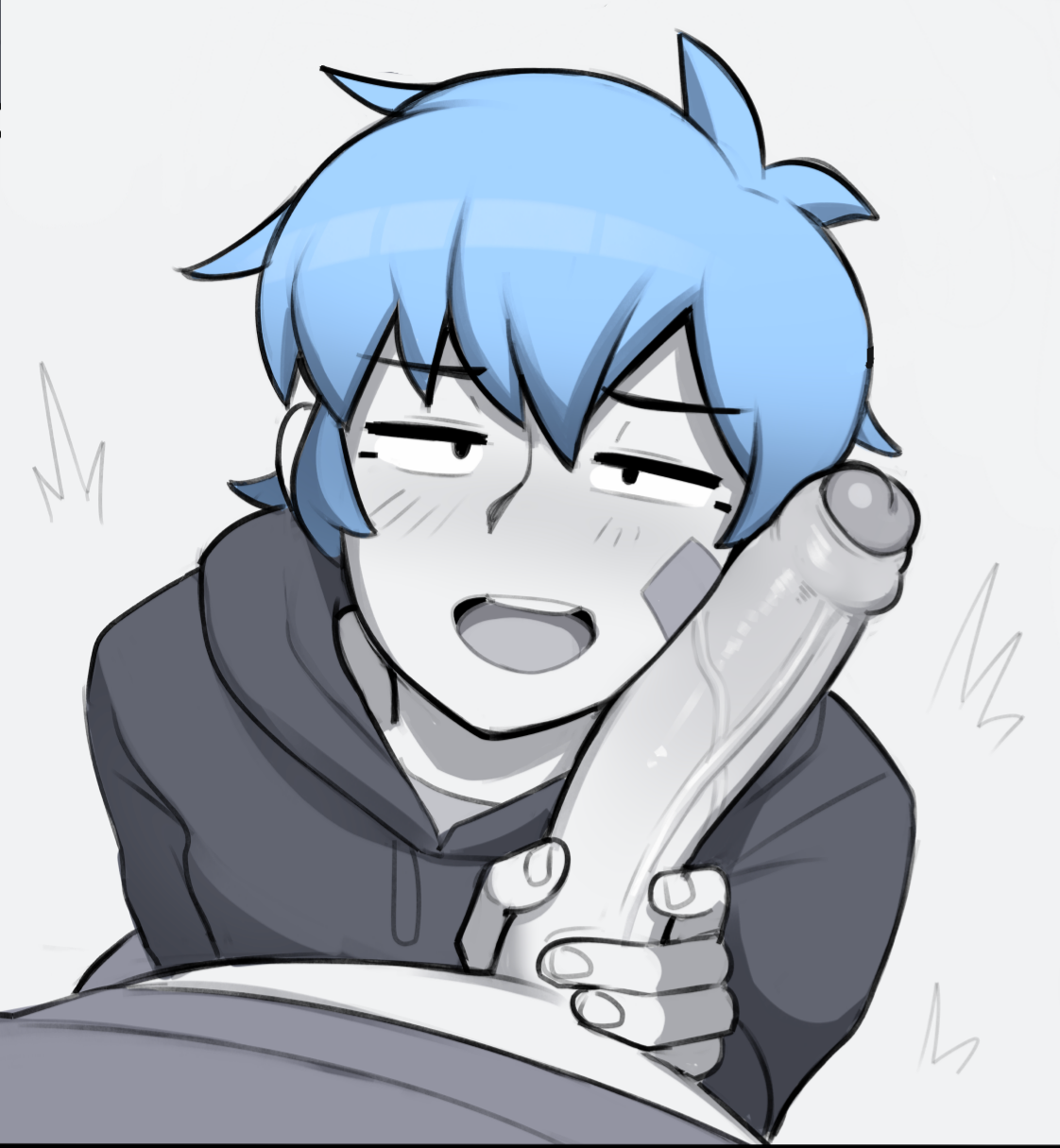 2d, blue hair, cock, dick, dick on face, dross, edit, foreskin, gay, gay male, hoodie, imminent oral, male, oral, partially retracted foreskin, penis, retracted foreskin, rolyat (dmb2003), smile, uncircumcised, uncut, yaoi