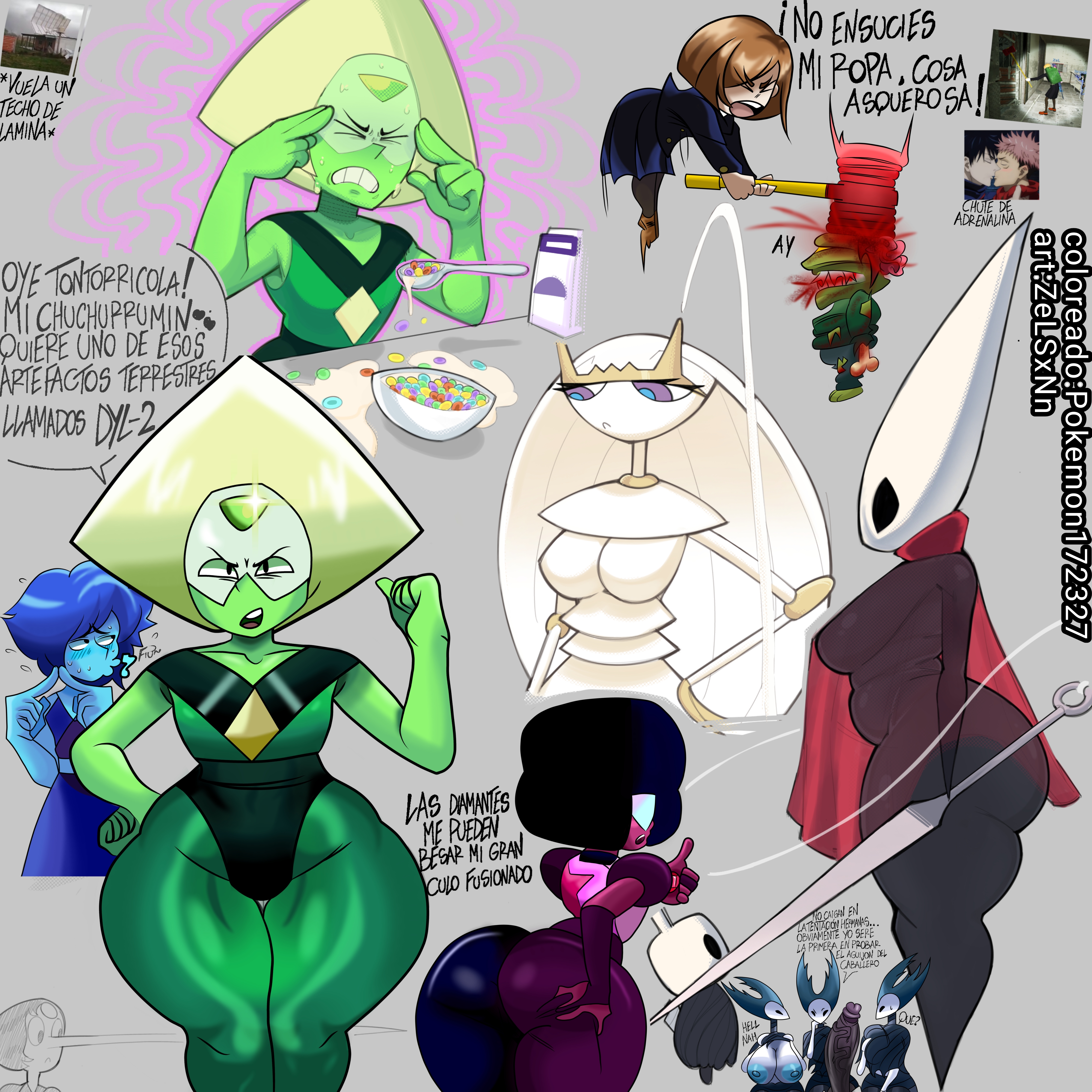 3boys, 6+girls, ass, big ass, big breasts, blue nipples, breasts, clothed, clothing, crossover, eastern and western character, female, garnet (steven universe), generation 7 pokemon, hammer, hollow knight, hornet (hollow knight), huge thighs, jujutsu kaisen, kugisaki nobara, lapis lazuli (steven universe), male, nipples, pearl (steven universe), peridot (steven universe), pheromosa, pokemon, pokemon (species), pokemon172327, side view, sideboob, sketch page, source request, spanish dialogue, spanish text, steven universe, tagme, the knight (hollow knight), thick thighs, zelsxnn