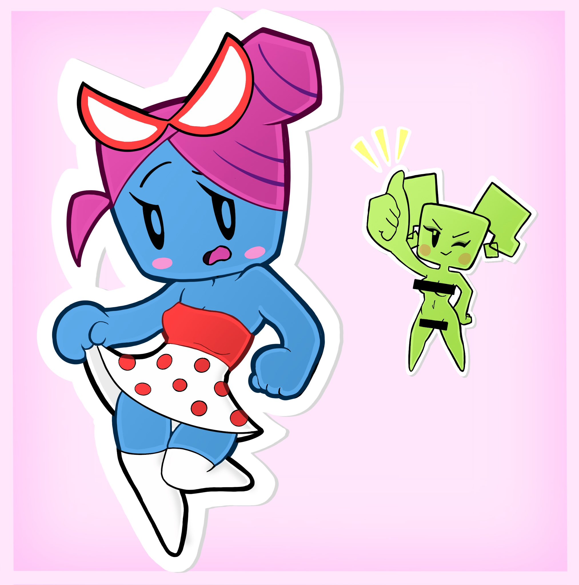2girls, bar censor, blue skin, censored, cute, dialogue, embarrassed, female, glasses, green skin, mario (series), mimi (super paper mario), mob face, nastasia, nintendo, nude, paper mario, pink hair, shy, squogs, super paper mario, text, thumbs up, wink