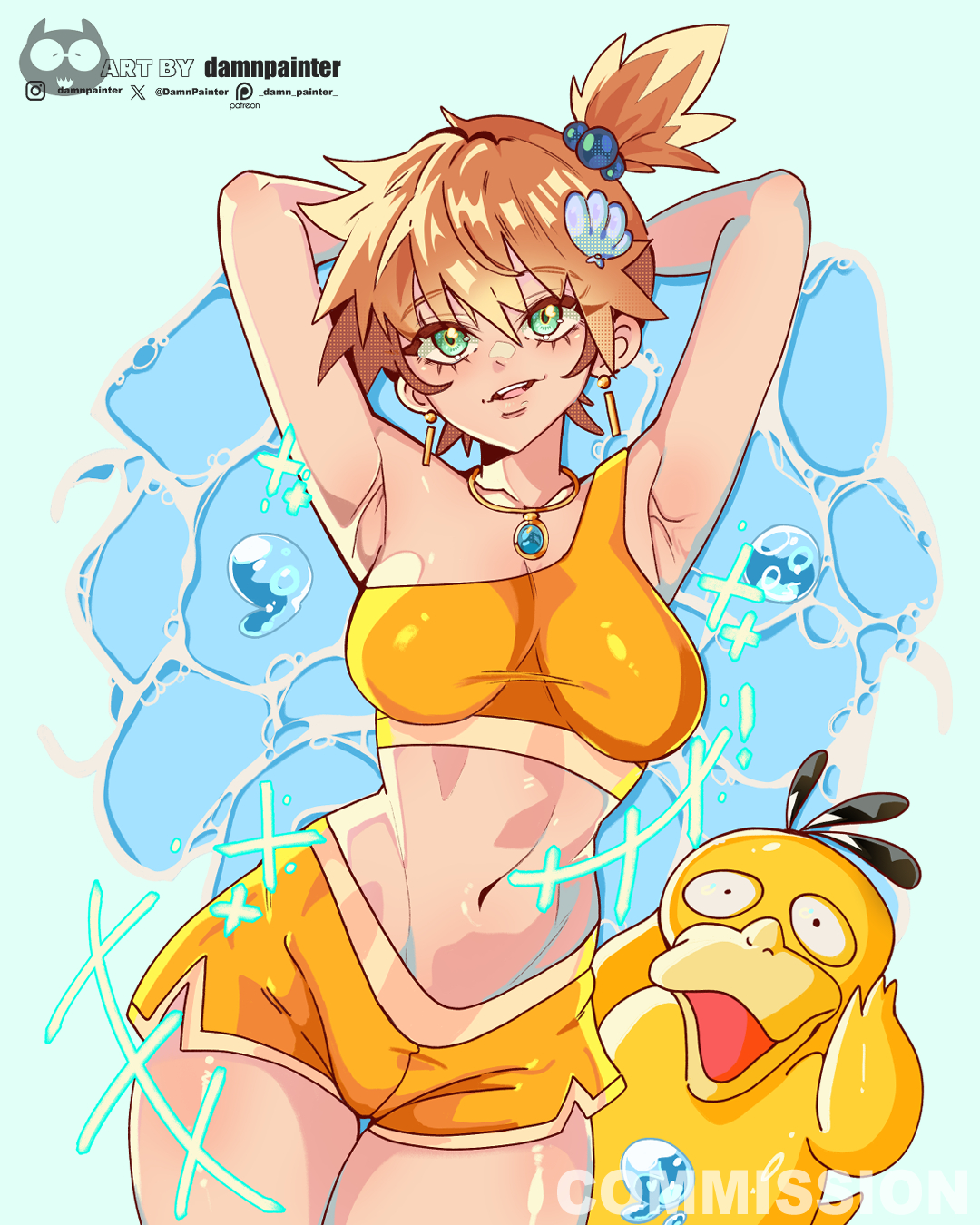 1girls, alternate costume, armpits, arms behind head, arms up, asymmetrical hair, bare shoulders, bikini, blush, breasts, cleavage, creatures (company), damnpainter, denim, denim shorts, earrings, eyelashes, female, female focus, game freak, gen 1 pokemon, green eyes, gym leader, hair ornament, highres, jewelry, kasumi (pokemon), large breasts, looking at viewer, midriff, misty (pokemon), navel, necklace, nintendo, open mouth, orange hair, pokemon, pokemon (anime), pokemon (classic anime), pokemon rgby, ponytail, psyduck, shirt, short hair, short shorts, shorts, side ponytail, smile, solo, standing, swimsuit, thick thighs, thighs, water, yellow shirt