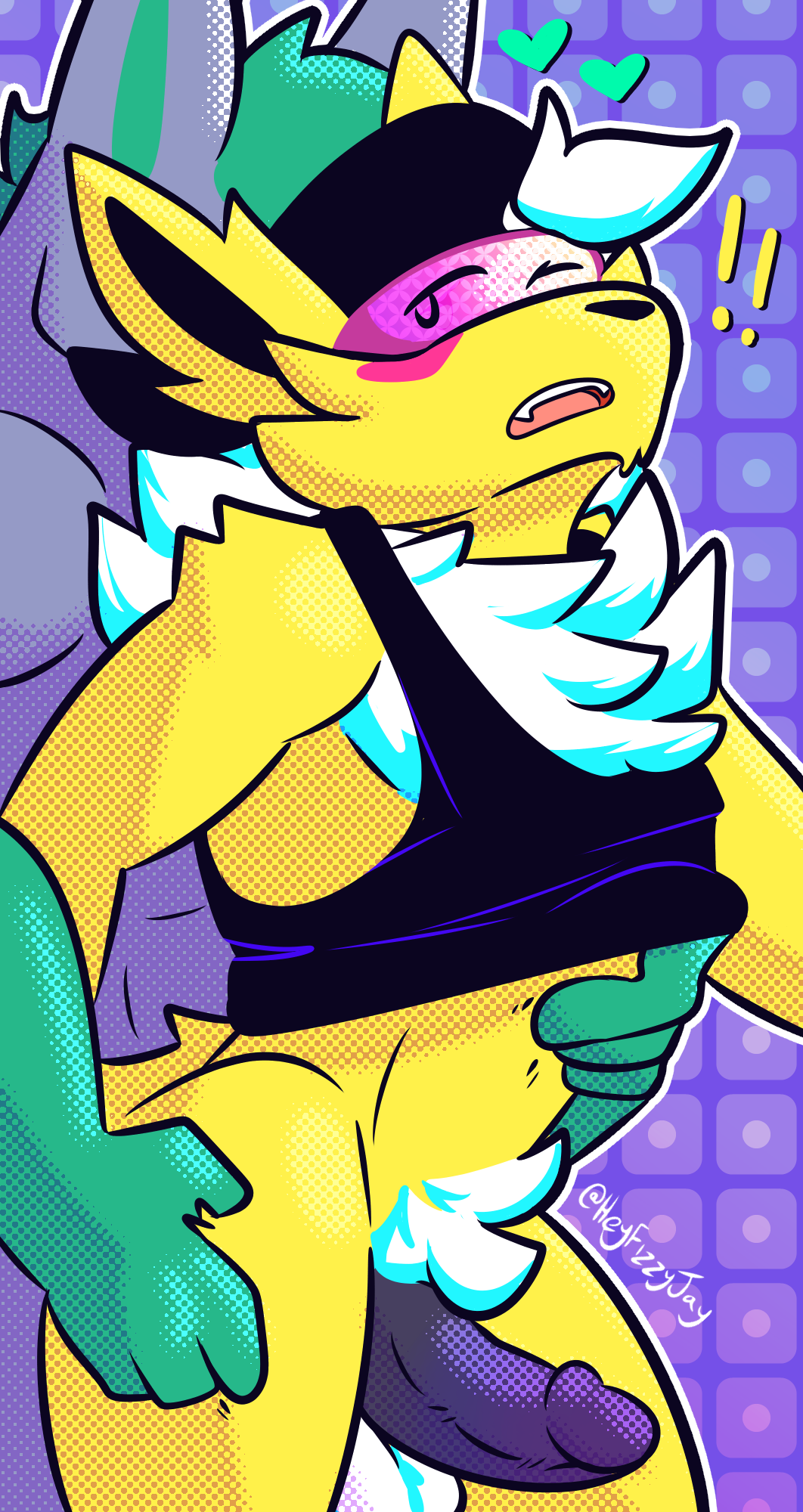 anal anal_sex anthro balls blush bottomless clothed clothing digital_media_(artwork) duo eeveelution erection fan_character fizzyjay fur generation_1_pokemon generation_3_pokemon genitals grey_body grey_fur hi_res humanoid_genitalia jolteon male male/male male_penetrated male_penetrating male_penetrating_male mammal mightyena nintendo penetration penis pokemon pokemon_(species) raised_clothing raised_shirt raised_tank_top raised_topwear sex shirt shirt_only simple_background tank_top tank_top_only topwear topwear_only yellow_body yellow_fur