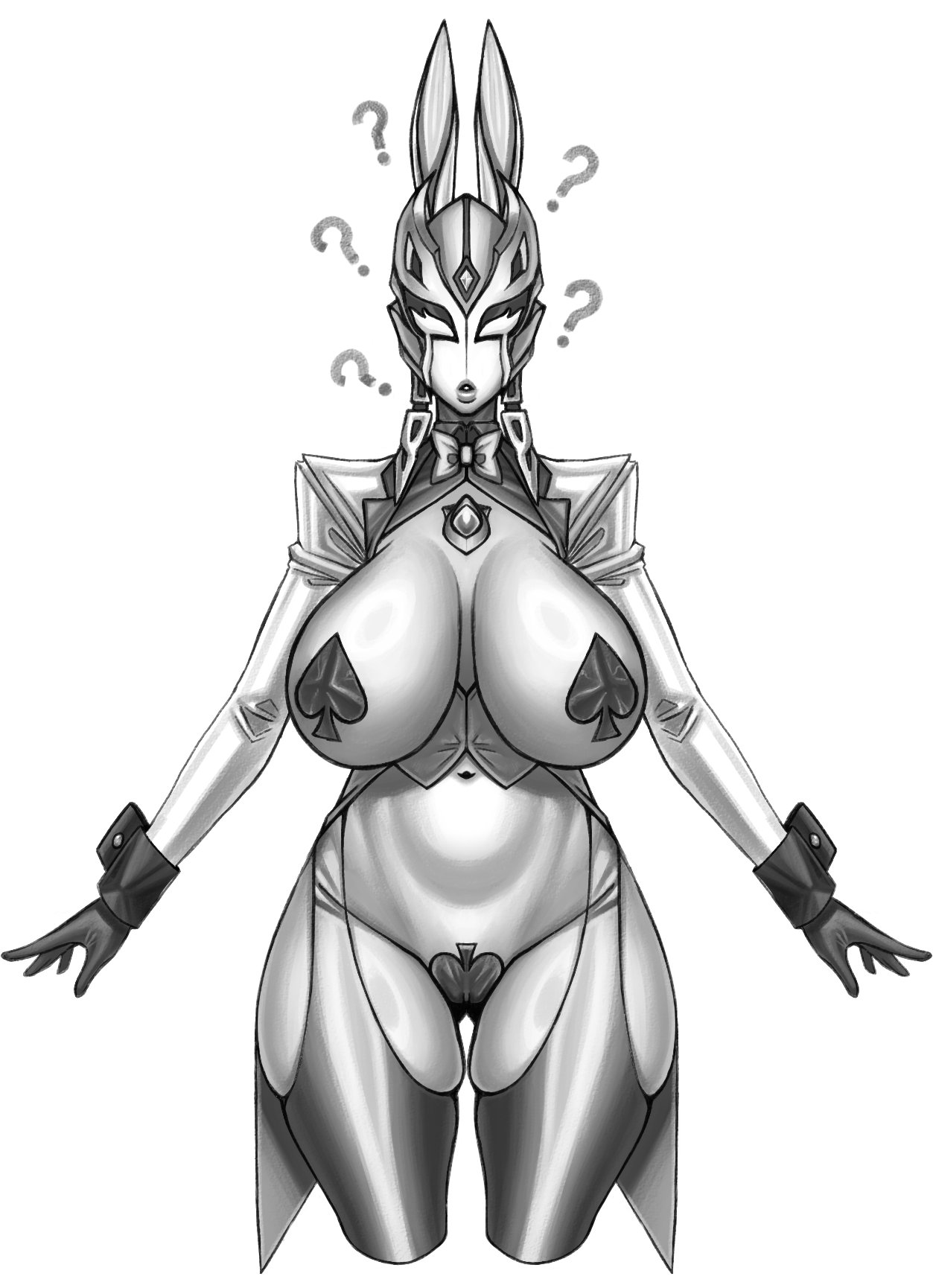 alien, alien girl, alien humanoid, ass, big ass, big breasts, big butt, big thighs, black and white, breast sticker, breasts, bubble ass, bubble butt, bunny ears, bunnysuit, carmeara, curvy, curvy figure, female, galactic art, garter belt, garter straps, helmet, large ass, large breasts, lipstick, looking at viewer, looking back, pussy, pussy sticker, question mark, reverse bunnysuit, shiny clothes, spades, thick thighs, thighs, tokusatsu, ultraman (franchise), ultraman trigger (series), ultrawoman, villainess, voluptuous