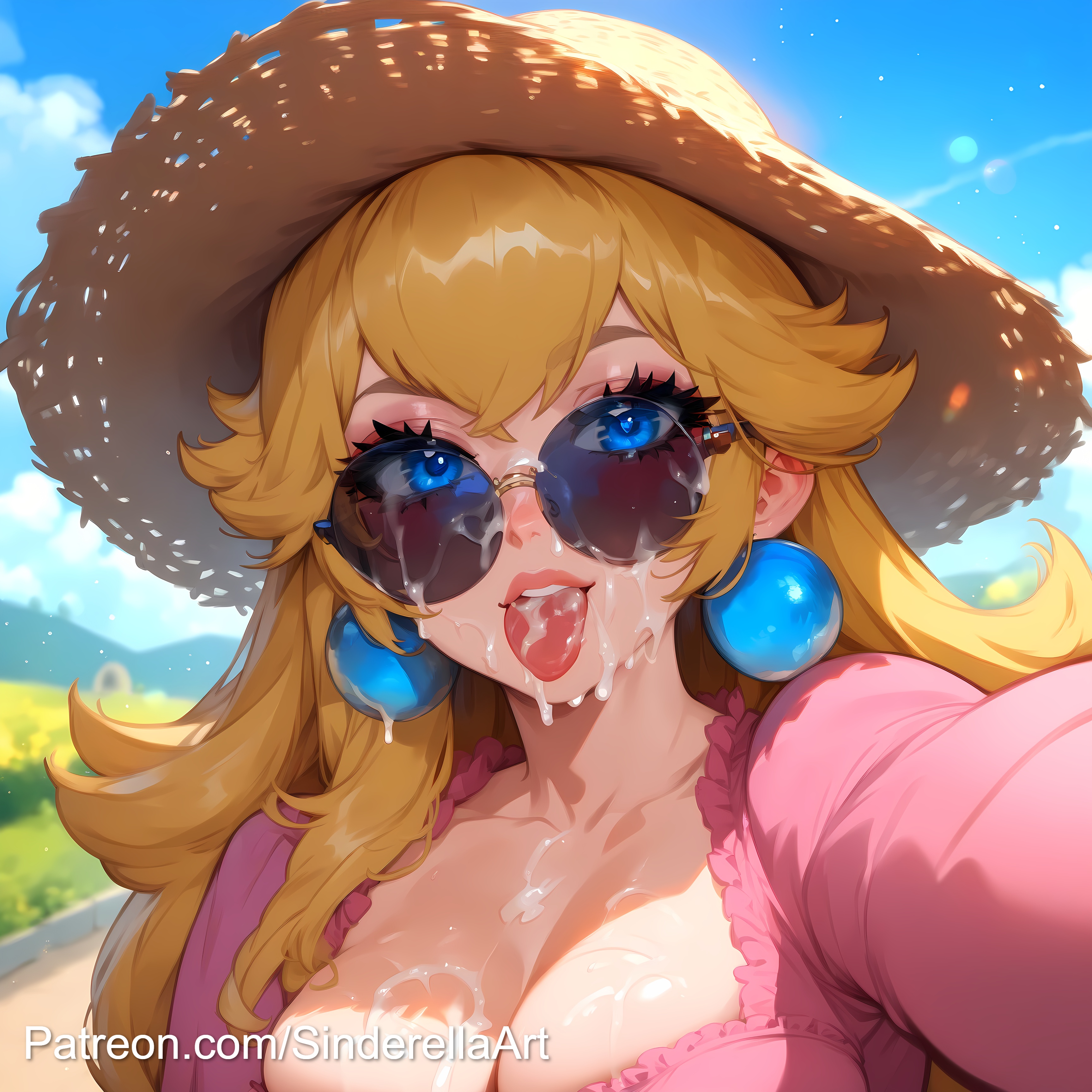 1girls, ai generated, breasts, busty, commission, cum, cum in mouth, cum on breasts, cum on eyewear, cum on face, cum on sunglasses, cum on tongue, facial, female, large breasts, light skin, light-skinned female, mario (series), milf, patreon, patreon url, patreon username, princess peach, sinderellaart, solo, sunglasses, thick, tinted eyewear, voluptuous