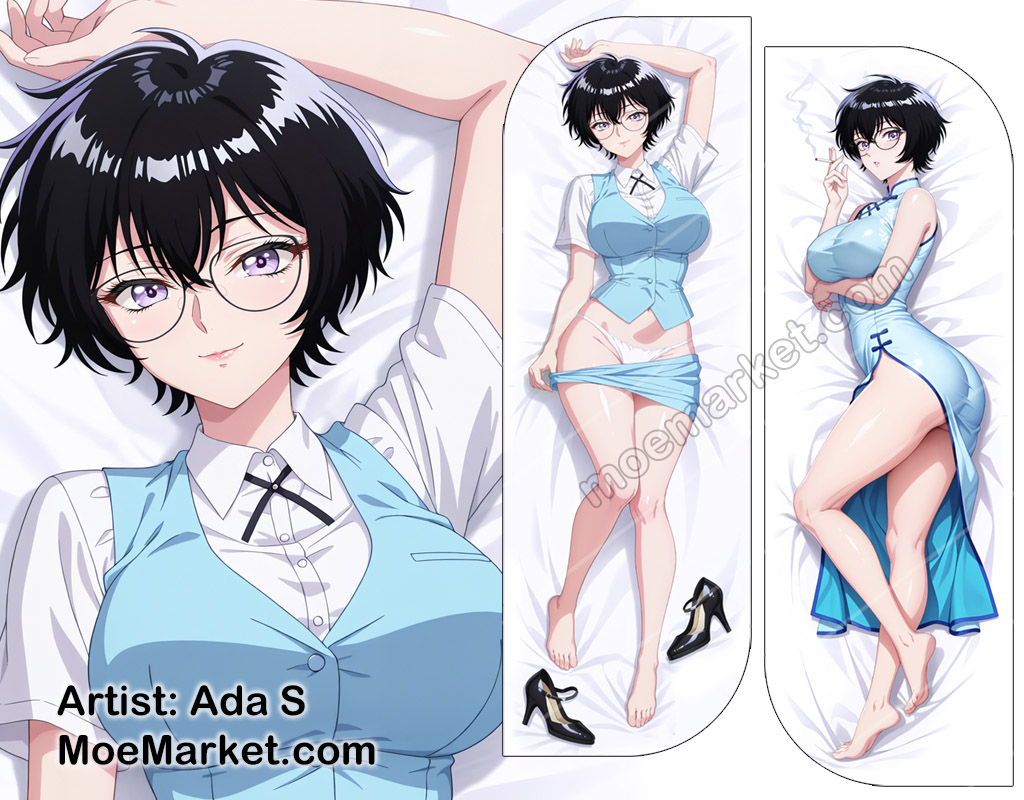 1girls, ada s, ai, ai generated, barefoot, black hair, blue skirt, breasts, business suit, china dress, cigarette, dakimakura, female, glasses, high heels, kowloon generic romance, kujirai reiko, large breasts, looking at viewer, moemarket, pussy, solo