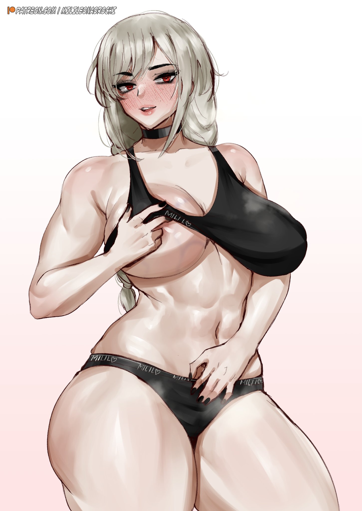 1girls, 2d, abs, big breasts, blonde female, blonde hair, braid, braided hair, breasts, female, freckles, hips, huge breasts, light skin, light-skinned female, milileonaorochi, muscles, muscular, muscular female, original, original character, patreon, pink nipples, red eyes, sports bra, sportswear, thick thighs, thighhighs, uwu mili uwu