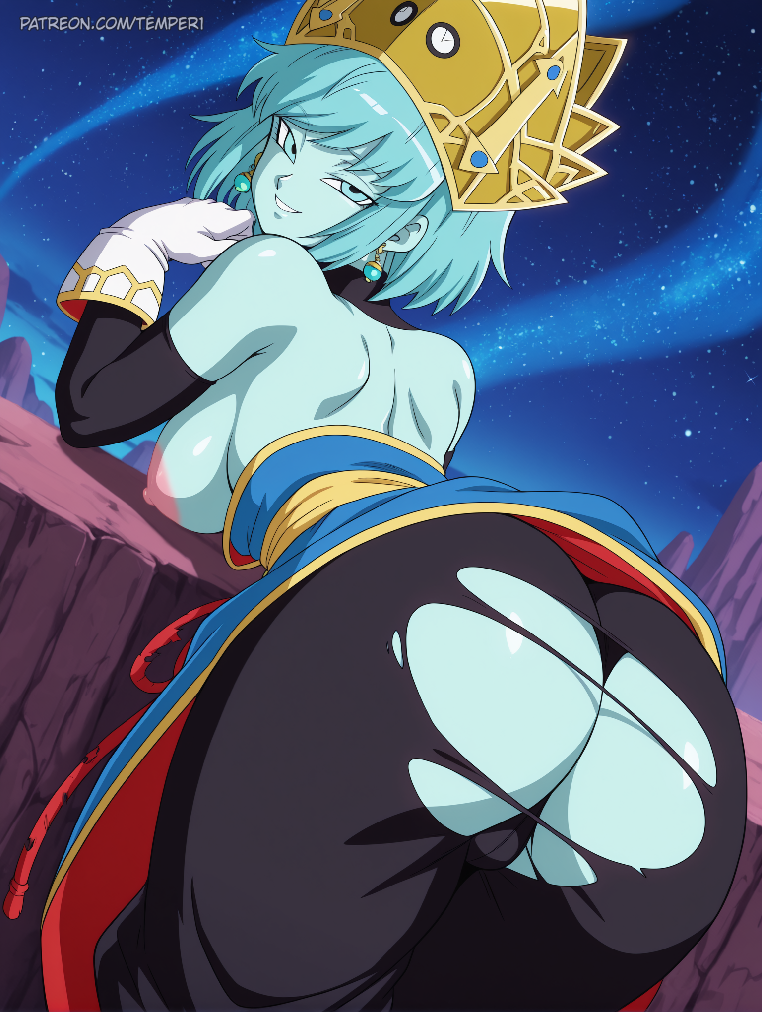 1girls, aeos, ai generated, aqua hair, ass, aurora, bare shoulders, blue eyes, blue hair, blue skin, breasts, cameltoe, colored skin, crown, detached sleeves, dragon ball, dragon ball heroes, dress, earrings, elbow gloves, female, from behind, gloves, jewelry, large breasts, looking at viewer, looking back, night, night sky, nipples, outdoors, pants, patreon logo, patreon username, pussy, short hair, sky, smile, solo, star (sky ), starry sky, super dragon ball heroes, torn clothes, torn pants, web address, white gloves, yellow headwear