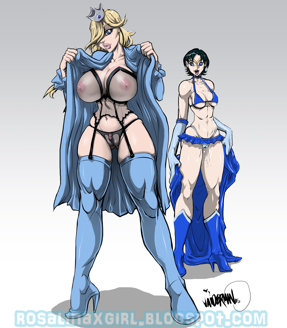 2015 2girls ami_mizuno bathrobe bikini bishoujo_senshi_sailor_moon black_hair blonde_hair blue_eyes boots bra breasts bustier cameltoe cleavage clothing corset crossover elbow_gloves female female_only flashing garter_straps gloves grey_background hair_over_one_eye high_heels human large_breasts lingerie long_hair mario_(series) microskirt multiple_girls navel nintendo nipples open_bathrobe open_mouth panties princess_rosalina pussy pussy_juice sailor_mercury see-through short_hair simple_background skirt small_breasts standing stockings thighhighs tongue tongue_out transparent_clothing underboob vaiderman xxxbattery