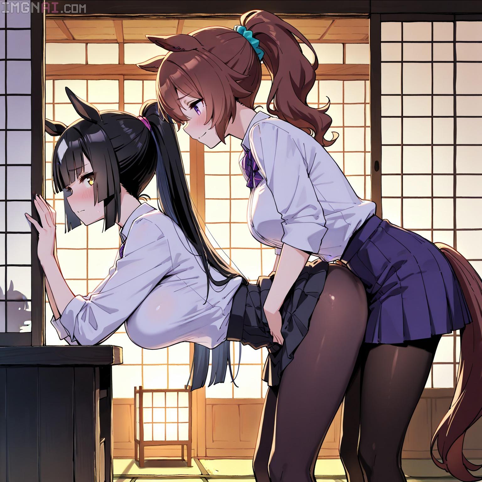 ai, ai assisted, ai generated, anime style, anthro, bent over, breasts, dog ears, doggy style, dry humping, ears down, ears up, female, from side, high ponytail, horse tail, implied sex, pantyhose, screen, shadows, shoji, silhouette, simulated, skirt, standing, tail, yuri