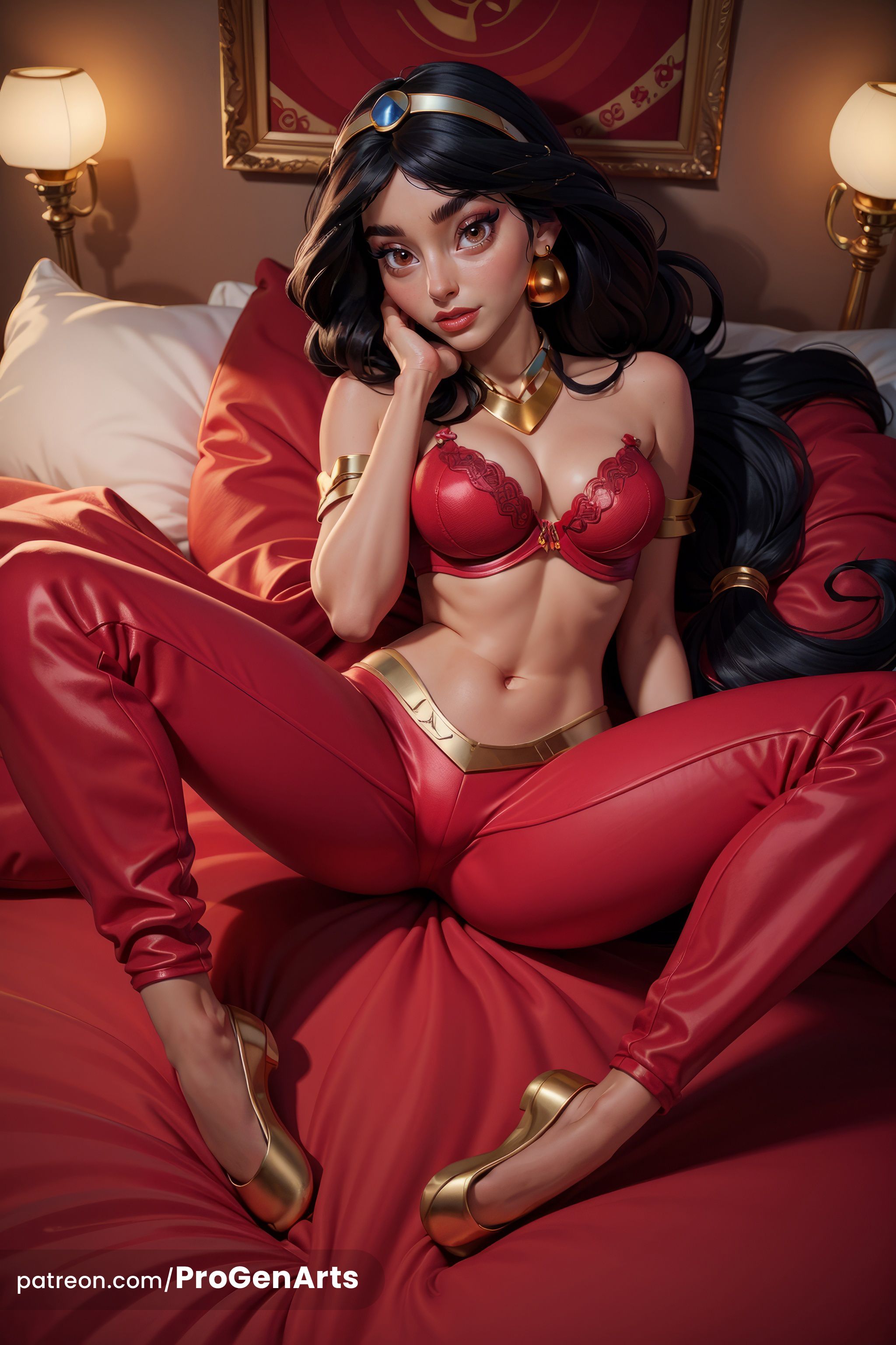 1girls, ai generated, aladdin (1992 disney film), armlet, artist name, bare shoulders, bed, black hair, bra, breasts, brown eyes, cleavage, disney, disney princess, earrings, female, full body, gold earrings, hand on own cheek, hand on own face, hi res, high heels, indoors, jasmine (aladdin), jewelry, lamp, large breasts, lips, long hair, looking at viewer, low-tied long hair, medium breasts, multiple hair ties, navel, necklace, on bed, pants, patreon url, patreon username, pillow, princess, princess jasmine, progenarts, red bra, red lips, red pants, royalty, sitting, solo, spread legs, stomach, strapless, underwear, web address