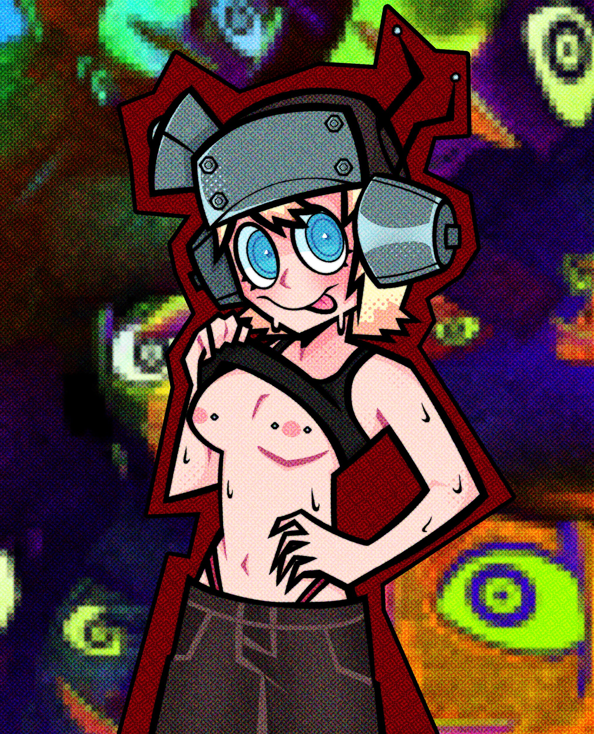 big eyes, blonde hair, blue eyes, breasts, c'venash vishneri, female, flashing, flashing breasts, helmet, mommaspooky, nipple piercing, nipples, piercing, psychopomp (fading club), queen of venus (psychopomp), smile, tongue, tongue out, venus (psychopomp)