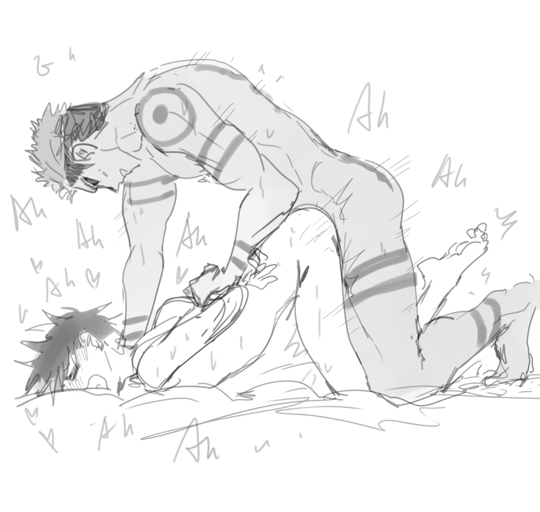 140wwwei, 2boys, anal, arm tattoo, arms behind back, ass, bigger dom, bigger penetrating smaller, blush, completely nude, facial tattoo, feet, full-body tattoo, fushiguro megumi, gay, jujutsu kaisen, leg tattoo, male, male focus, male only, male/male, moaning, monochrome, multi eye, multiple boys, multiple males, muscular, muscular male, nude, open mouth, prone bone, restrained, ryoumen sukuna (jujutsu kaisen), sex, sex from behind, short hair, size difference, spiked hair, tattoo, yaoi