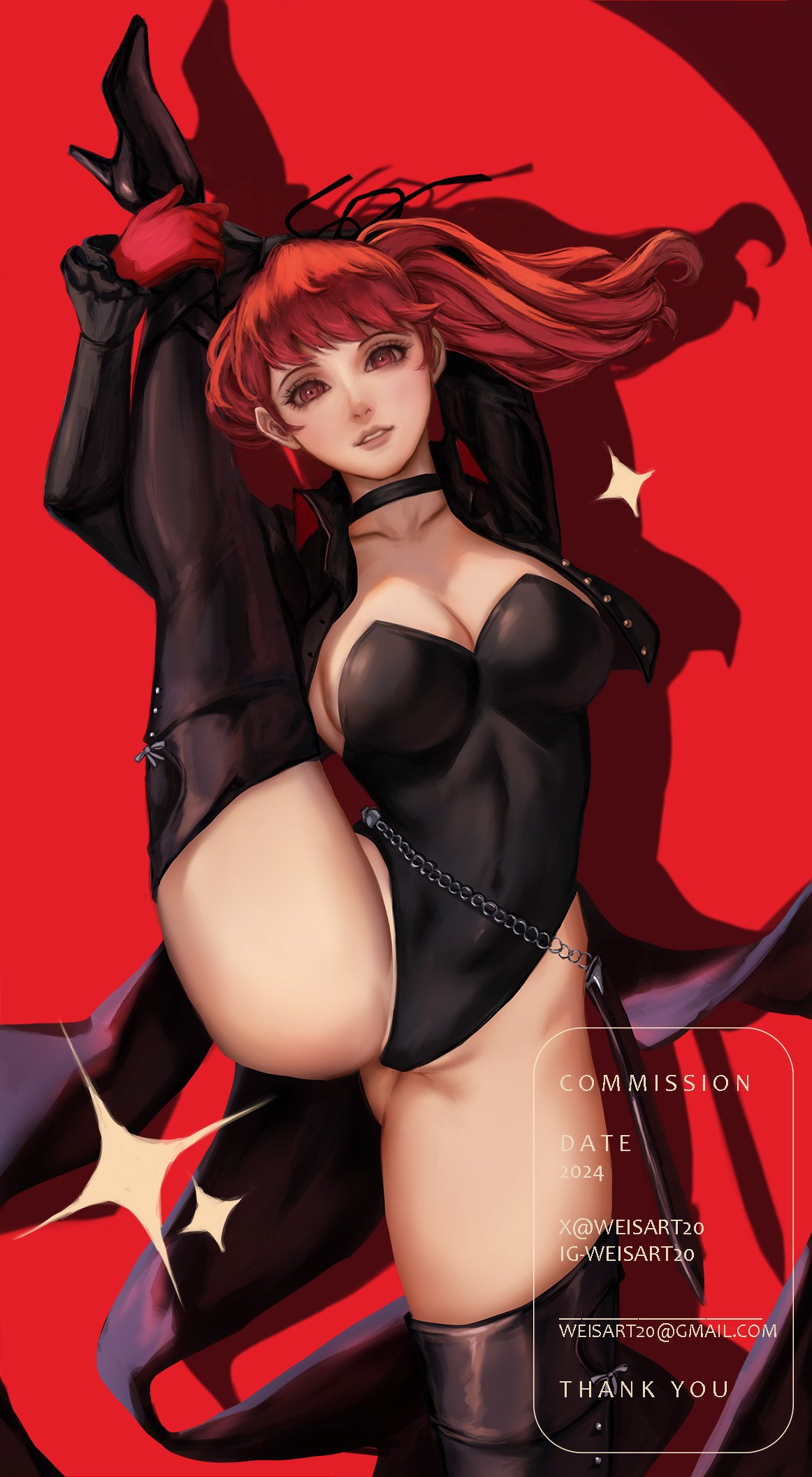 1girls arms_behind_back atlus big_breasts black_legwear black_thighhighs blush cameltoe clothing color costume female hair_ornament hair_ribbon human kasumi_yoshizawa large_breasts leg_grab legs_apart legs_held_open legs_up pale_skin persona persona_5 persona_5_royal phantom_thief_suit ponytail red_eyes red_hair spread_legs stretching sumire_yoshizawa tagme thighhighs weithe2nd weithe2nd