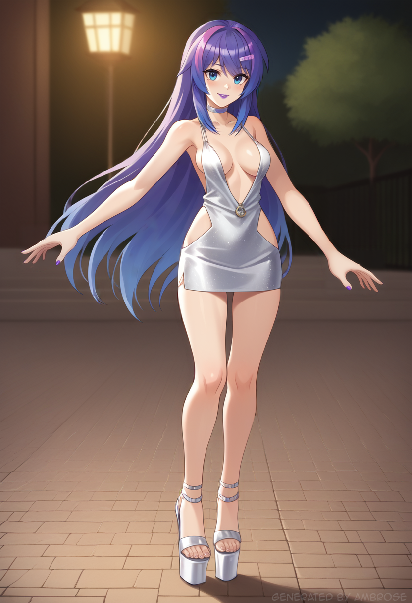 1girls ai_generated ambrose choker dress high_heels lipstick long_hair medium_breasts melody_(projektmelody) minidress night outdoors platform_heels projektmelody self_upload silver_dress stable_diffusion thigh_gap very_long_hair virtual_youtuber vtuber