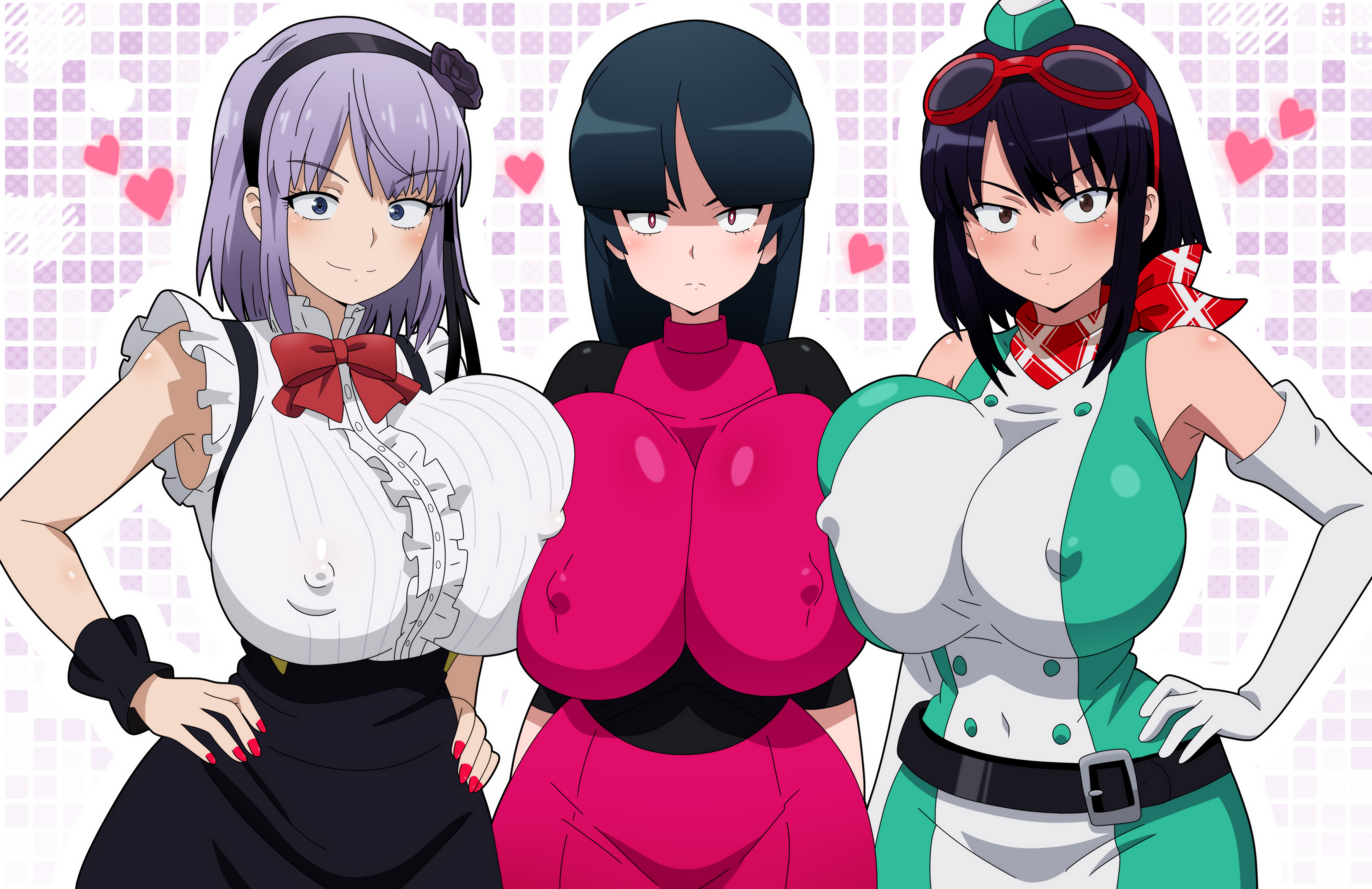 3girls, arms behind back, blush, breast press, breasts bigger than head, closed eyes, crossover, dagashi kashi, digimon, digimon story: time stranger, frown, fully clothed, gigantic breasts, hands on hips, hitokiwa kenchin, hyper, kanan yuki, long gloves, looking at viewer, multiple girls, nail polish, natsume (pokemon), nipple bulge, pokemon, pokemon rgby, red nails, sabrina (pokemon), shidare hotaru, smile, yuuki kanan