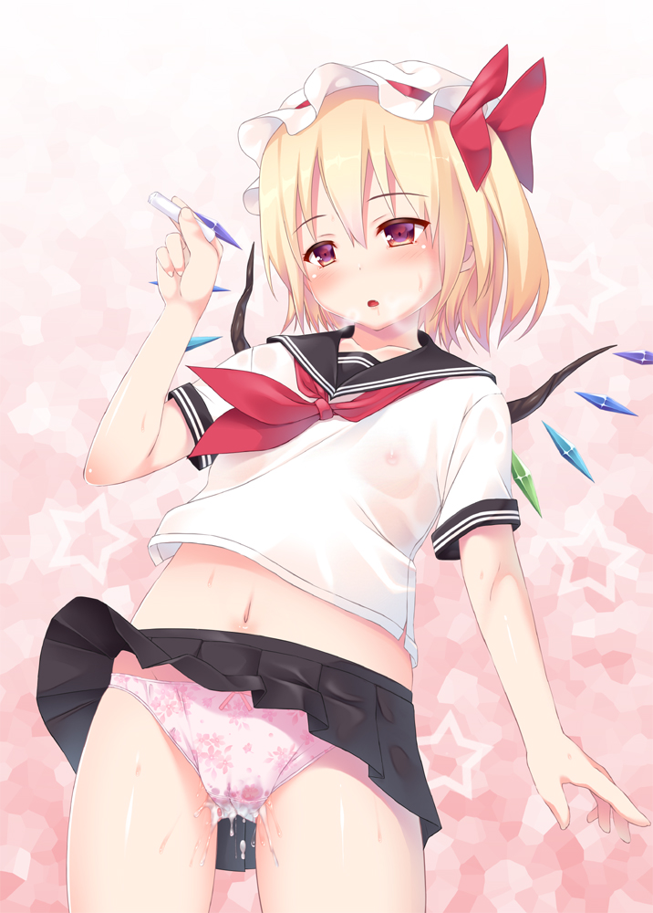 after_sex alternate_costume blonde_hair blush bow cameltoe chalk covered_nipples cum cum_in_pussy female flandre_scarlet gradient_background hat hat_bow ichio midriff mob_cap navel neckerchief no_bra open_mouth panties pink_panties pleated_skirt red_eyes school_uniform see-through serafuku shirt skirt skirt_lift solo sweat touhou underwear wet wet_clothes wet_shirt wind_lift wings