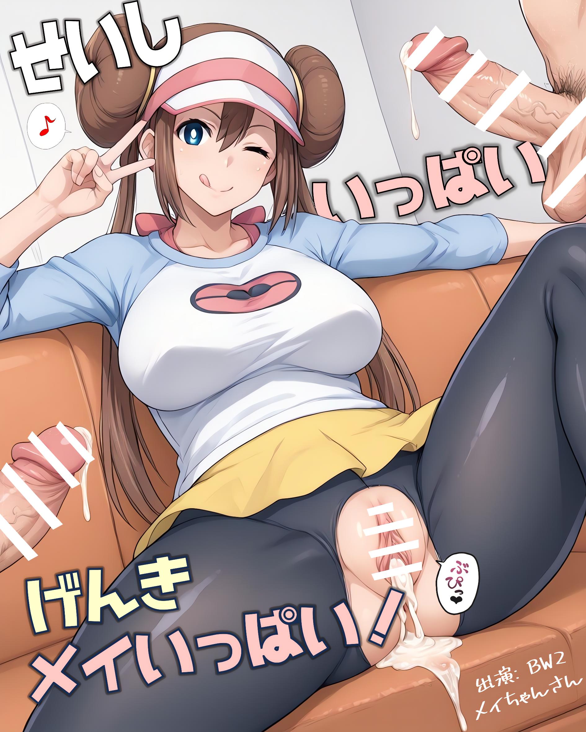 1girls, 2boys, after sex, after vaginal, balls, big balls, big breasts, big penis, black legwear, blue eyes, breasts, brown hair, censor bar, censored, clothed, clothing, cum, cum in pussy, cum inside, double bun, female, game freak, human, human only, japanese text, light skin, light-skinned female, light-skinned male, long hair, male, nintendo, penis, pokemon, pokemon bw2, pussy, rosa (pokemon), tagme, vaginal, visor cap