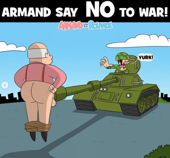 2boys 2d armand_(armand_et_rolande) armand_et_rolande army army_uniform ass balding balls ballsack big_ass big_booty big_butt boomer_humor booty bottomless bottomless_male dilf disgusted disgusted_look fist_clenched fleshlight fucking fucking_machine funny gay giant_cock giant_dick giant_penis gilf hairy hairy_balls hands_on_hips male male_ass male_only pants_down penetrating penetration penis rear_view soldier tank testicles text watermark