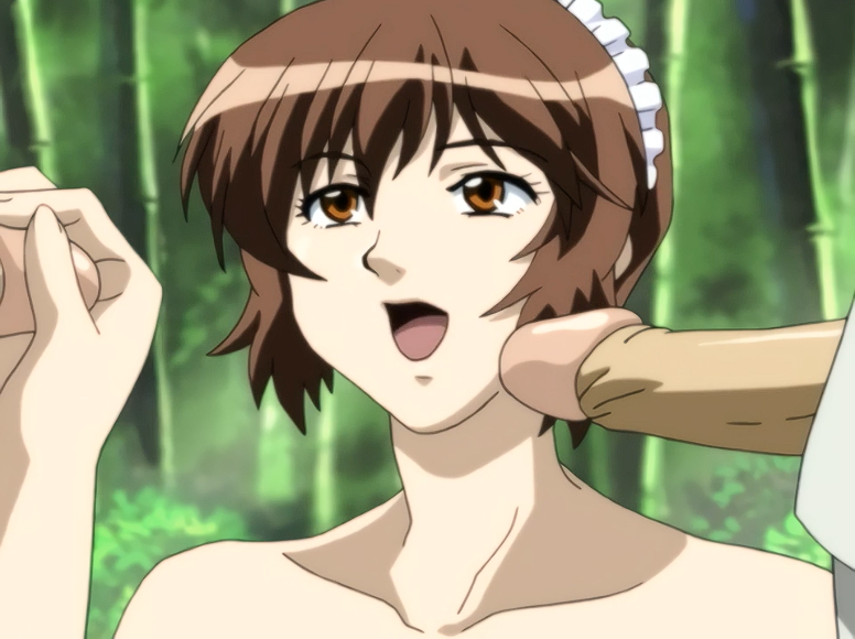 1girls 2boys bamboo bamboo_forest brown_eyes brown_hair clothed_male clothed_male_nude_female female grabbing_penis maid_cap maid_headdress mature_female naked naked_female no_bra no_clothes nonomiya_momoko nude nude_female penis screencap shimai_tsuma_3 shimaizuma_3 uncensored