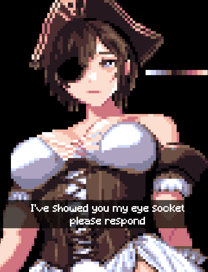 1girls big_breasts chainsaw_man cleavage eyepatch female female_only funny himeno_(chainsaw_man) meme pirate_hat pirate_outfit pixel_art pleasant_bread