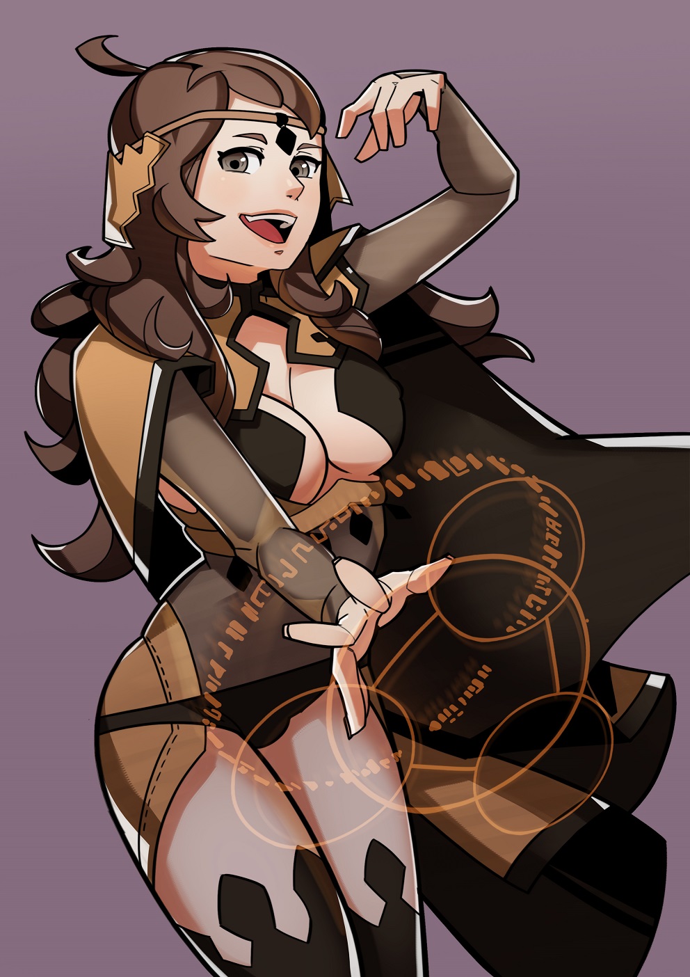 2015, brown hair, cape, circlet, cleavage, female, fire emblem, fire emblem fates, long hair, nintendo, ophelia (fire emblem), smile, solo, splashbrush, standing