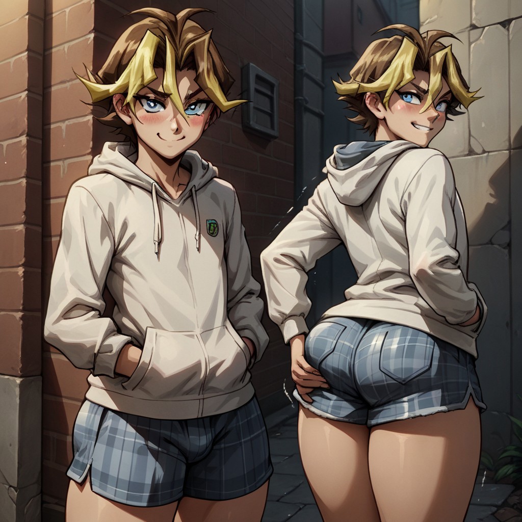 ai_generated alley femboy femboy_focus male_focus male_only presenting smirk sylvio_sawatari thick_thighs yu-gi-oh! yu-gi-oh!_arc-v