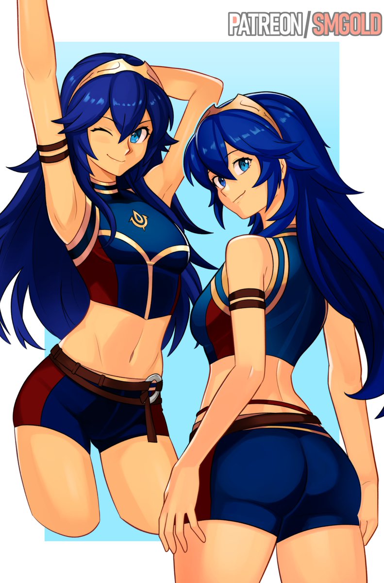 1girls arm_up armpits ass blue_background blue_eyes blue_hair border breasts closed_mouth commentary crossed_bangs english_commentary female fire_emblem fire_emblem_awakening fire_emblem_cipher hair_between_eyes highres long_hair looking_at_viewer lucina_(fire_emblem) medium_breasts midriff navel nintendo official_alternate_costume one_eye_closed outside_border simple_background smgold smile solo stomach swimsuit tiara white_border