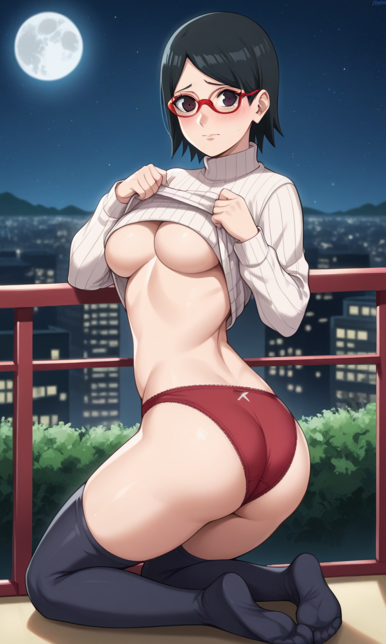 ai_generated bare_ass barefoot bigmic145 black_eyes black_hair boruto:_naruto_next_generations breasts clothed clothed_female clothing feet female female_only glasses medium_breasts naruto naruto_(series) panties ribbed_sweater sarada_uchiha solo solo_female stripping sweater tease teasing thighhighs underboob