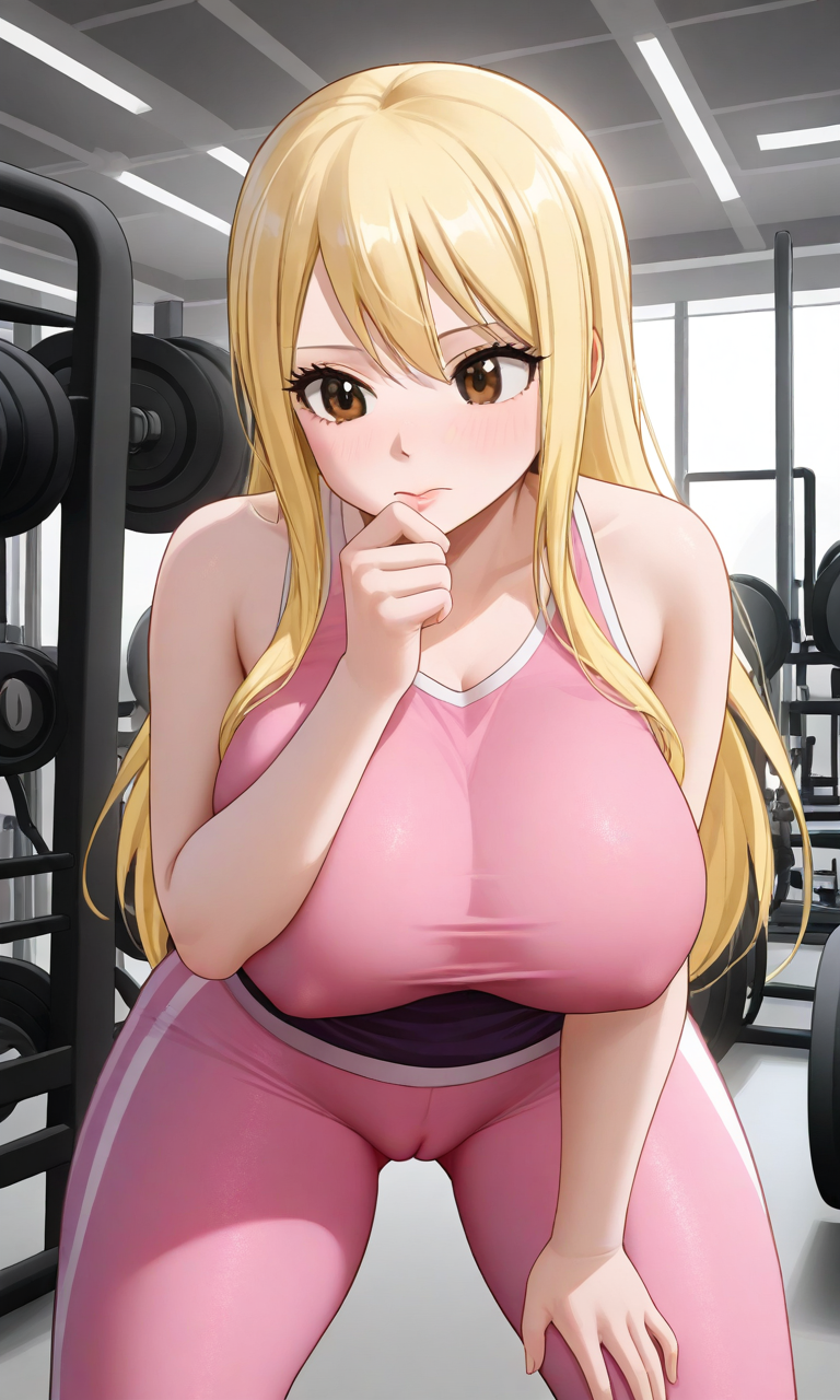 ai_generated blonde_hair brown_eyes cameltoe chloenette69 fairy_tail gym large_breasts long_hair lucy_heartfilia petite_female solo_female thick_thighs yoga_pants