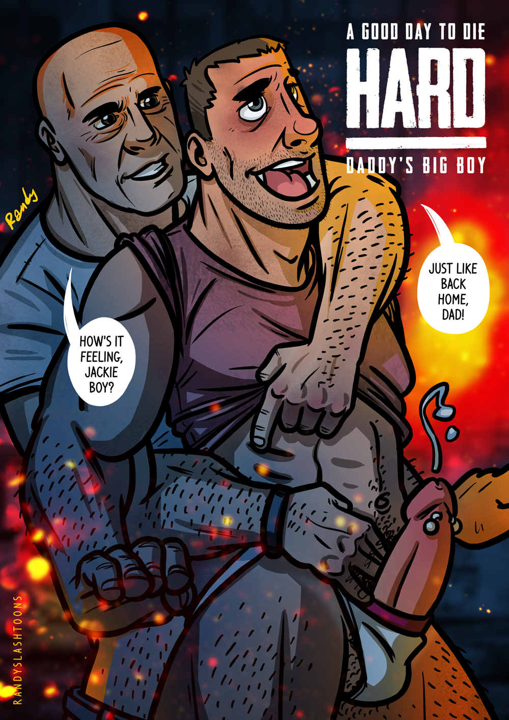 2boys 2males a_good_day_to_die_hard_(2013) bald_man blue_eyes bruce_willis brunette cock_rings cumming cumshot die_hard facial_hair father_and_son fire gay grinning hairy_arms hairy_balls hairy_male hairy_pubes hairy_stomach hairy_thighs handjob incest jack_mcclane jai_courtney john_mcclane messy_hair muscular_males randyslashtoons short_hair six_pack smiling stubble toony underwear_down unshaven_face watch