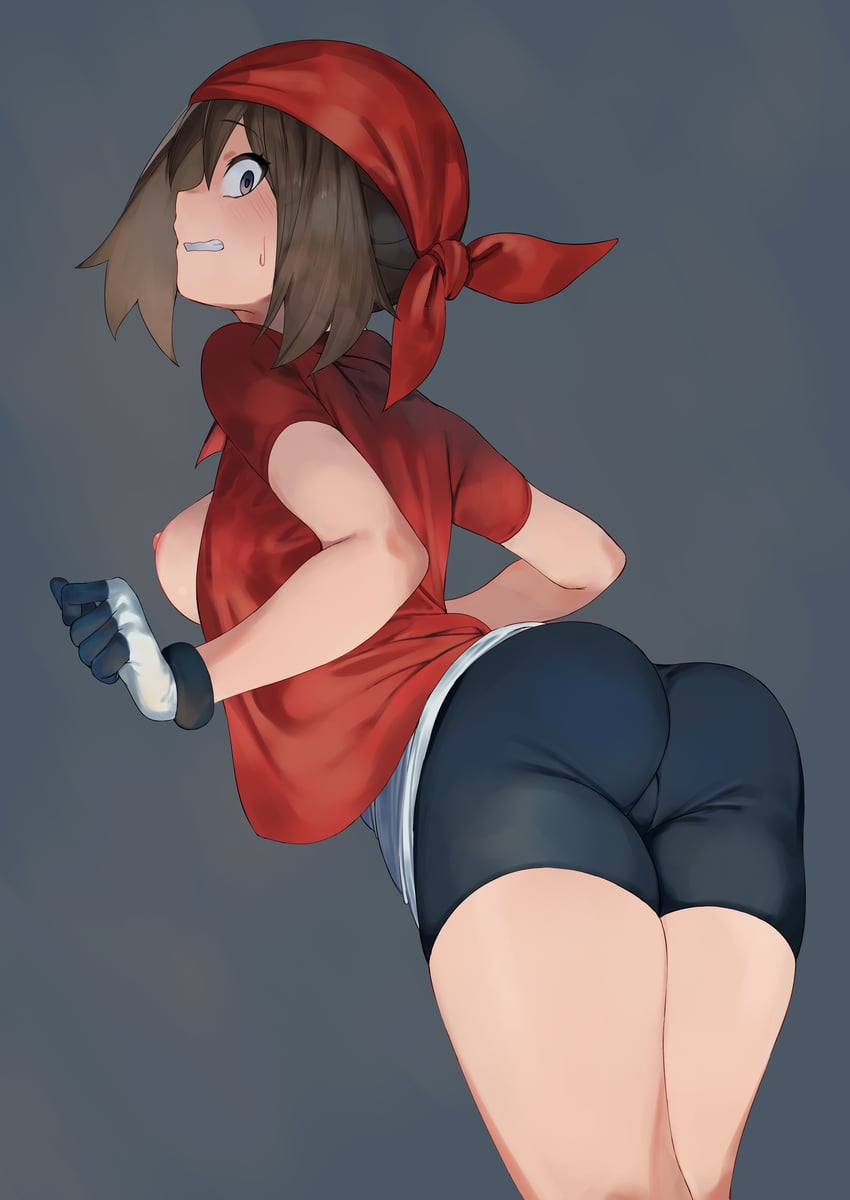 ass ass_focus bike_shorts breasts breasts_out embarrassed keiz looking_at_viewer looking_back may_(pokemon) pokemon tits_out