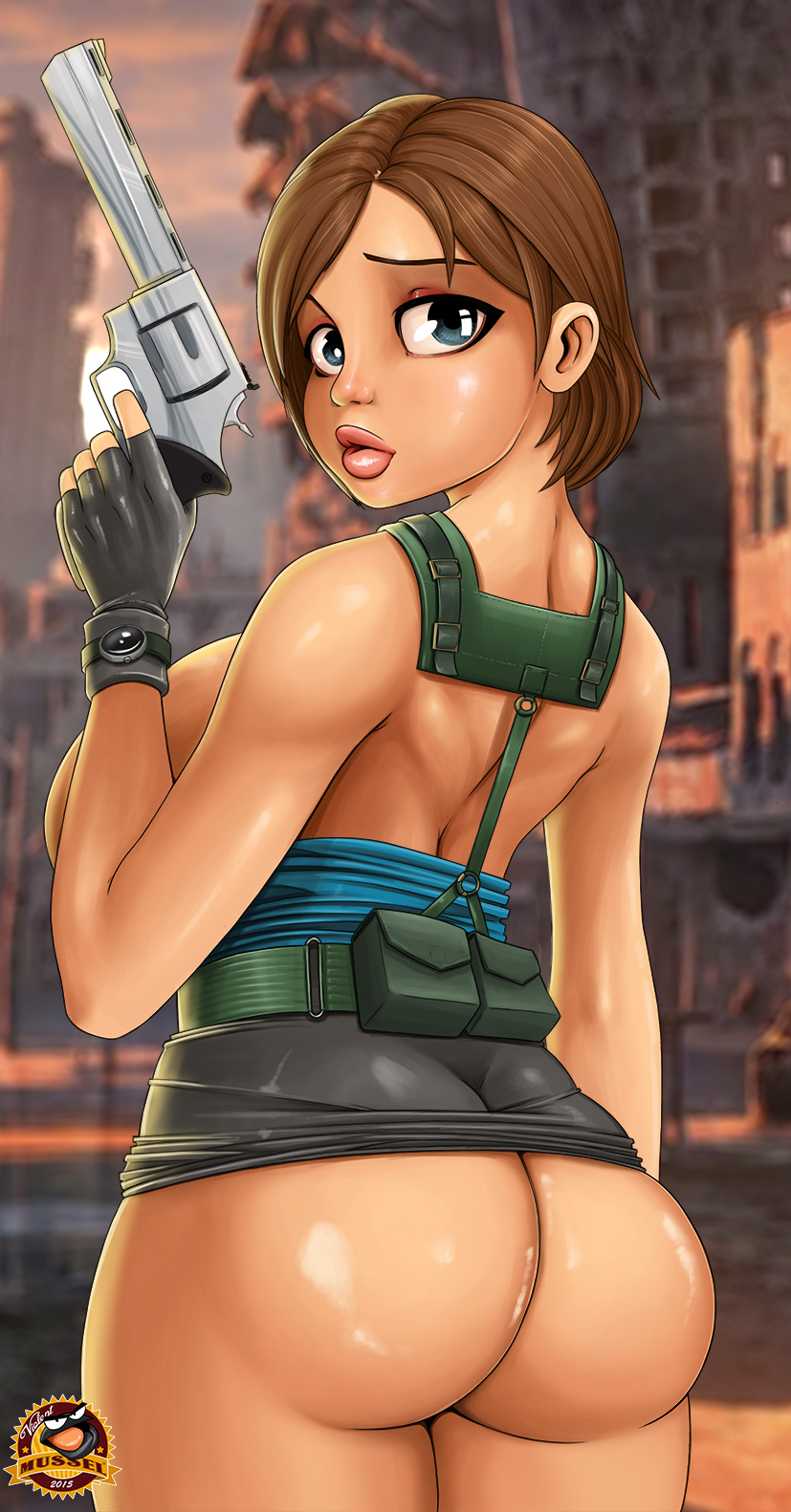 1girls, ass, belt, blue eyes, breasts, brown hair, capcom, female, female only, fingerless gloves, firearm, gloves, gun, handgun, harness, human, jill valentine, jill valentine (julia voth), large breasts, looking back, resident evil, resident evil 3, revolver, short hair, skirt, skirt lift, solo, standing, straps, tube top, tubetop, violent mussel, weapon