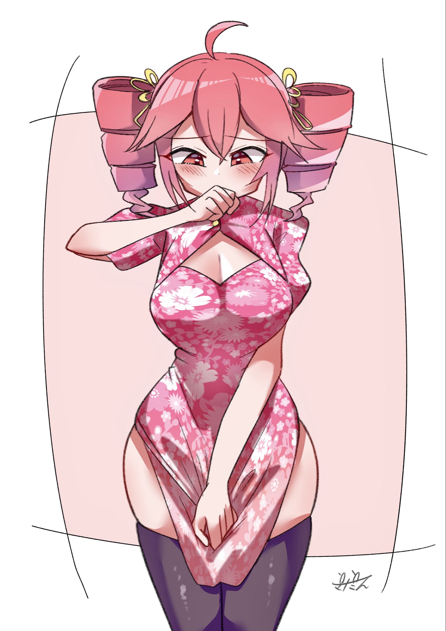 1girls, 2d, 2d (artwork), ahoge, artist name, artist signature, big breasts, big thighs, blush, blush lines, breasts, chinese clothes, chinese dress, cleavage, clothed, clothed female, clothing, covering mouth, curvaceous, curvy, curvy female, curvy figure, dress, embarrassed, embarrassed female, female, female only, fully clothed, hair ornament, hourglass figure, huge breasts, huge thighs, kasane teto, large breasts, large thighs, looking down, manami nattou, pulling clothing, pulling down dress, pulling dress down, red eyes, red hair, revealing clothes, simple background, skindentation, slim waist, solo, solo female, thick thighs, thighhighs, thighs, twin drills, utau, wide hips