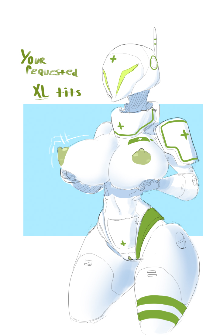 areola artlegionary big_breasts breasts english_text female genitals green_eyes holding_breast huge_breasts humanoid machine nipples presenting puffy_areola puffy_nipples pussy robot simple_background solo text thick_thighs tourniquet_(artlegionary) wide_hips