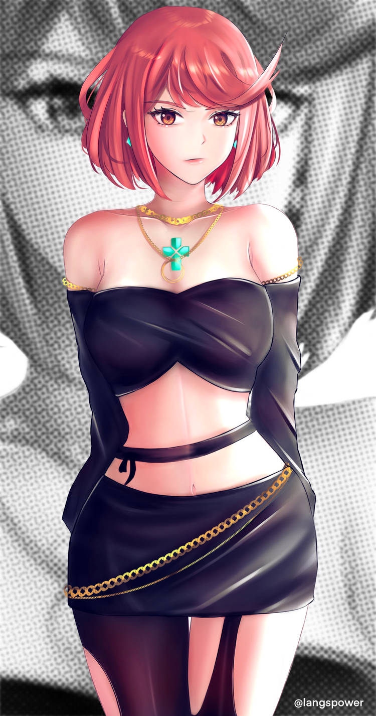 1girls black_crop_top black_skirt breasts core_crystal crop_top earrings langspower large_breasts looking_at_viewer midriff navel necklace nintendo pantyhose pyra red_eyes red_hair short_hair short_skirt skirt xenoblade_(series) xenoblade_chronicles_2