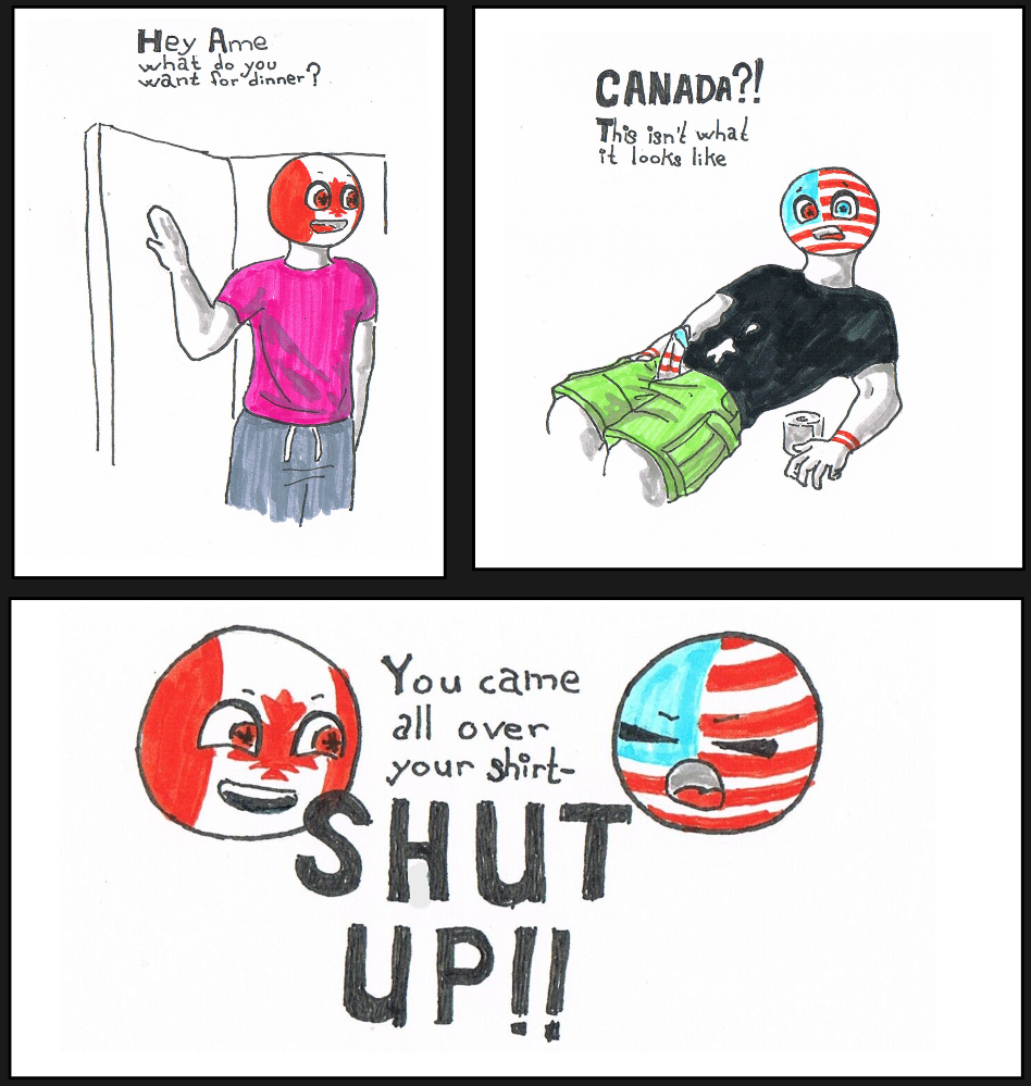 canada_(countryhumans) cargo_shorts caught_masturbating countryhumans cum_on_clothes embarrassed penis_through_fly united_states_of_america_(countryhumans)