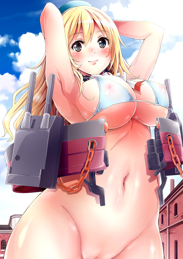 armpits arms_up atago_(kantai_collection) bare_shoulders bikini blonde_hair blush bottomless breasts covered_nipples curvy erect_nipples female hat huge_breasts kantai_collection large_breasts long_hair looking_at_viewer momochieri navel nipples plump smile solo swimsuit wide_hips