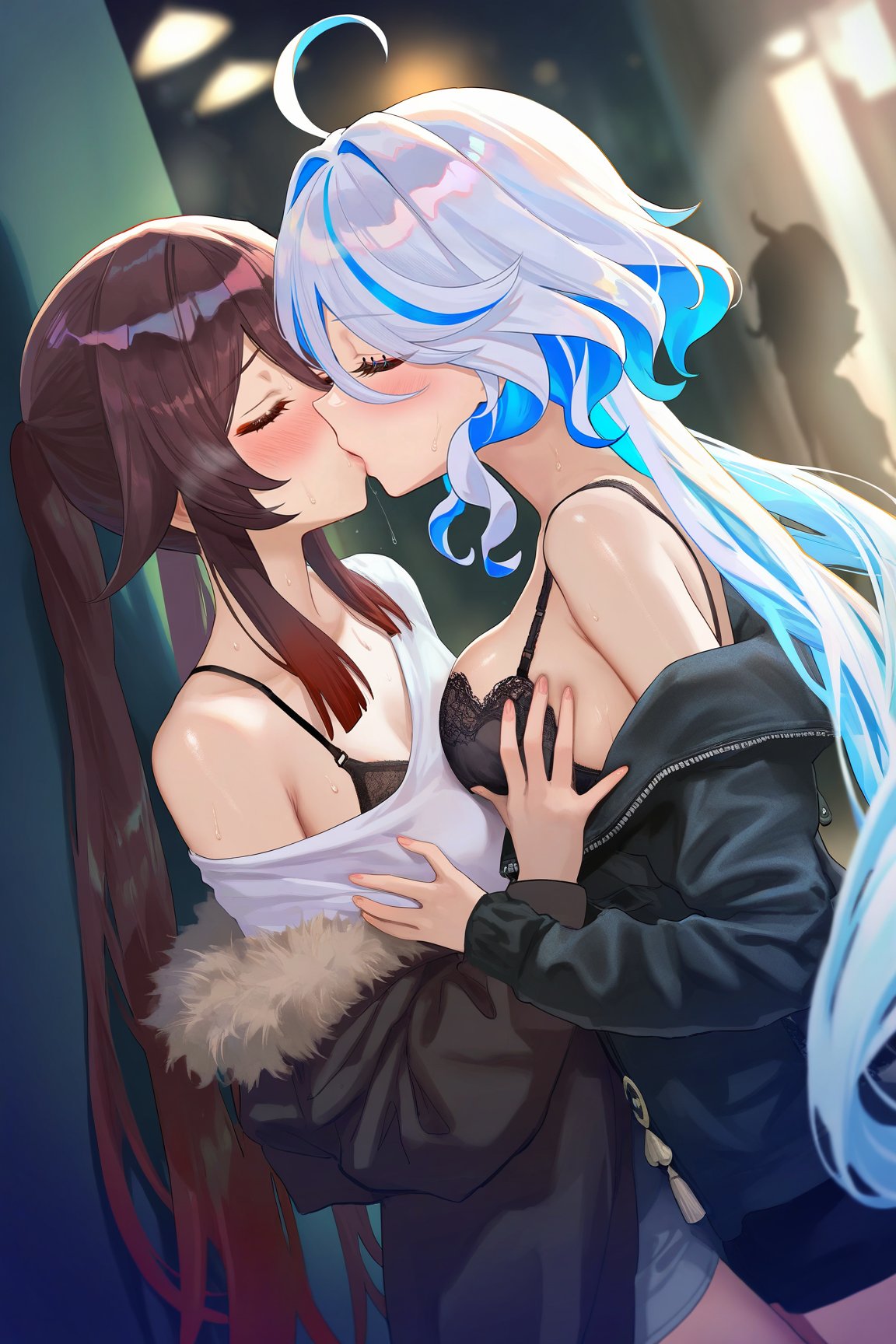 2girls against_wall ai_generated blue_hair blush bra breasts brown_hair closed_eyes female french_kiss furina_(genshin_impact) genshin_impact groping hu_tao_(genshin_impact) jacket kissing passionate saliva saliva_trail small_breasts twintails yuri